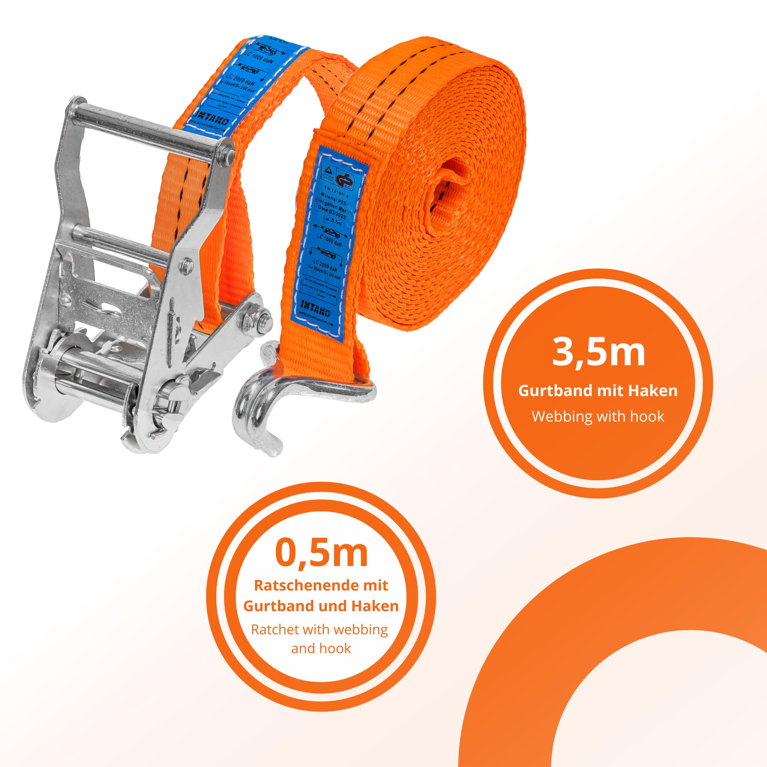 Spanngurte mit Ratsche und Haken - 4m / 6m / 8m - 2000kg 35mm - 4 Stück - Ratschen Set - Ratschengurt 2-Teilig - Zurrgurt Orange - TÜV GS Geprüft und gemäß DIN EN 12195-2 (Orange, 6m)