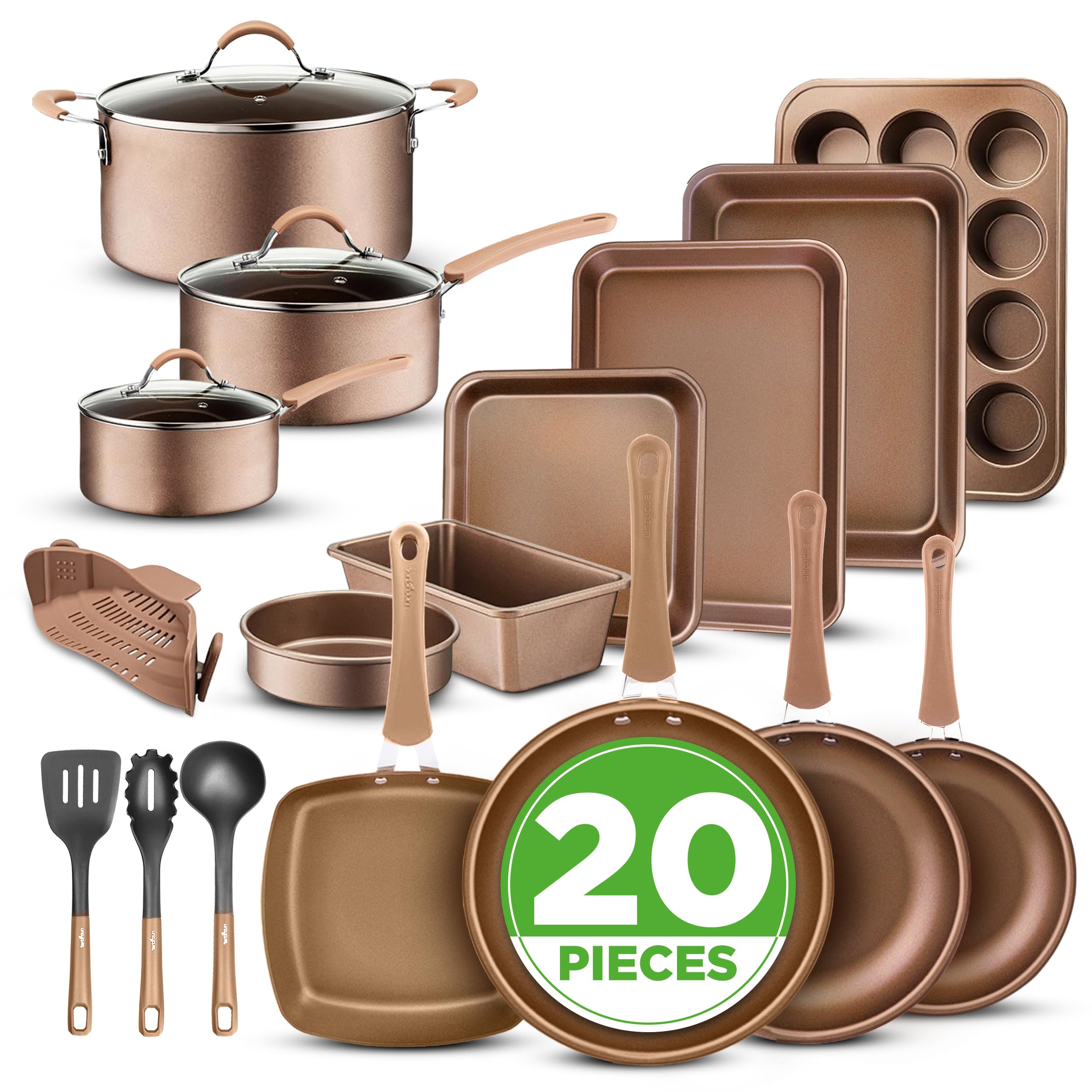 20-teiliges Non-Stick-Saucepan, Pfannen- und Backformset - Kochset PFOA/PFOS frei für Gas, Strom, Keramik und Induktion - Enthält Pfannen, Töpfe, Backdosen, Laibdose, Muffinform