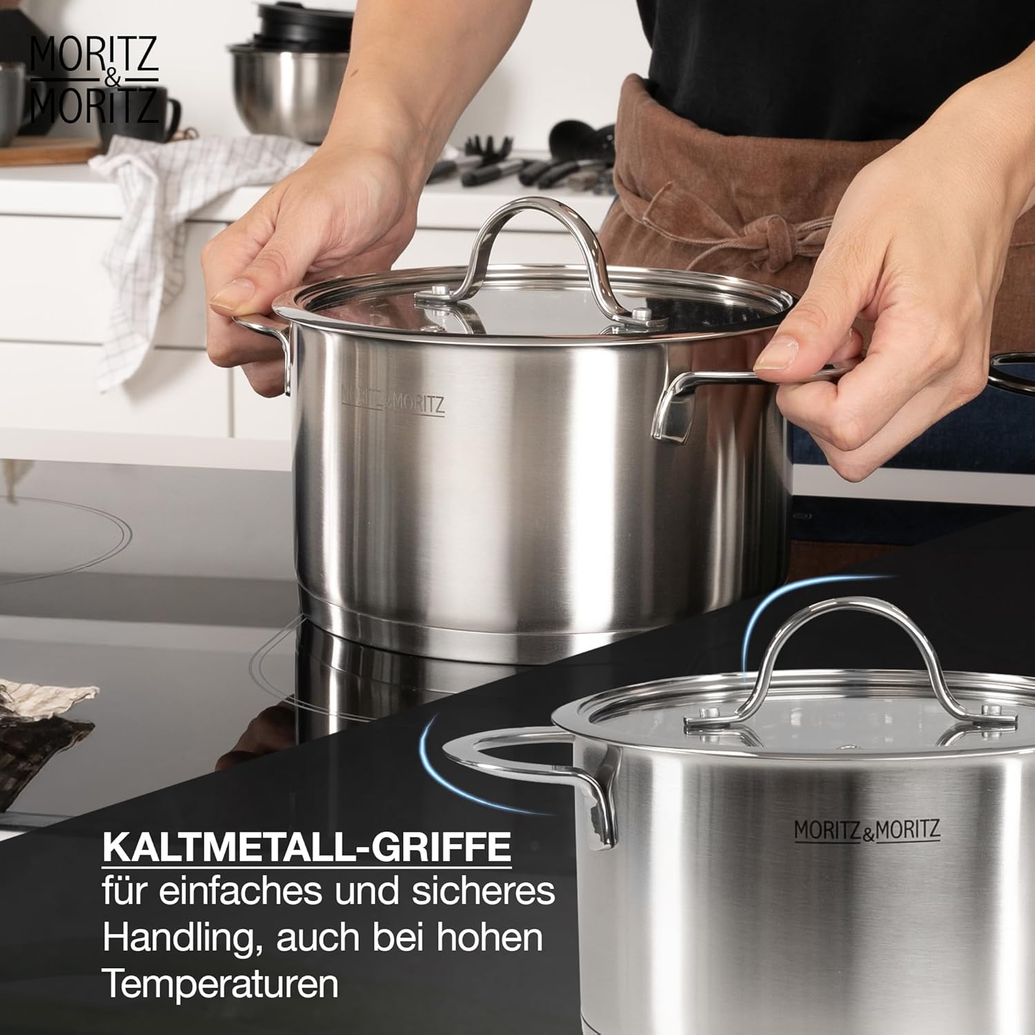 5-teiliges Kochtopfset inklusive 4 Glasdeckel - Edelstahltopf-Einführung & alle Hobs - Stilvolle Töpfe mit Deckel und Kochtopf - Geeignet für Geschirrspüler und Ofen