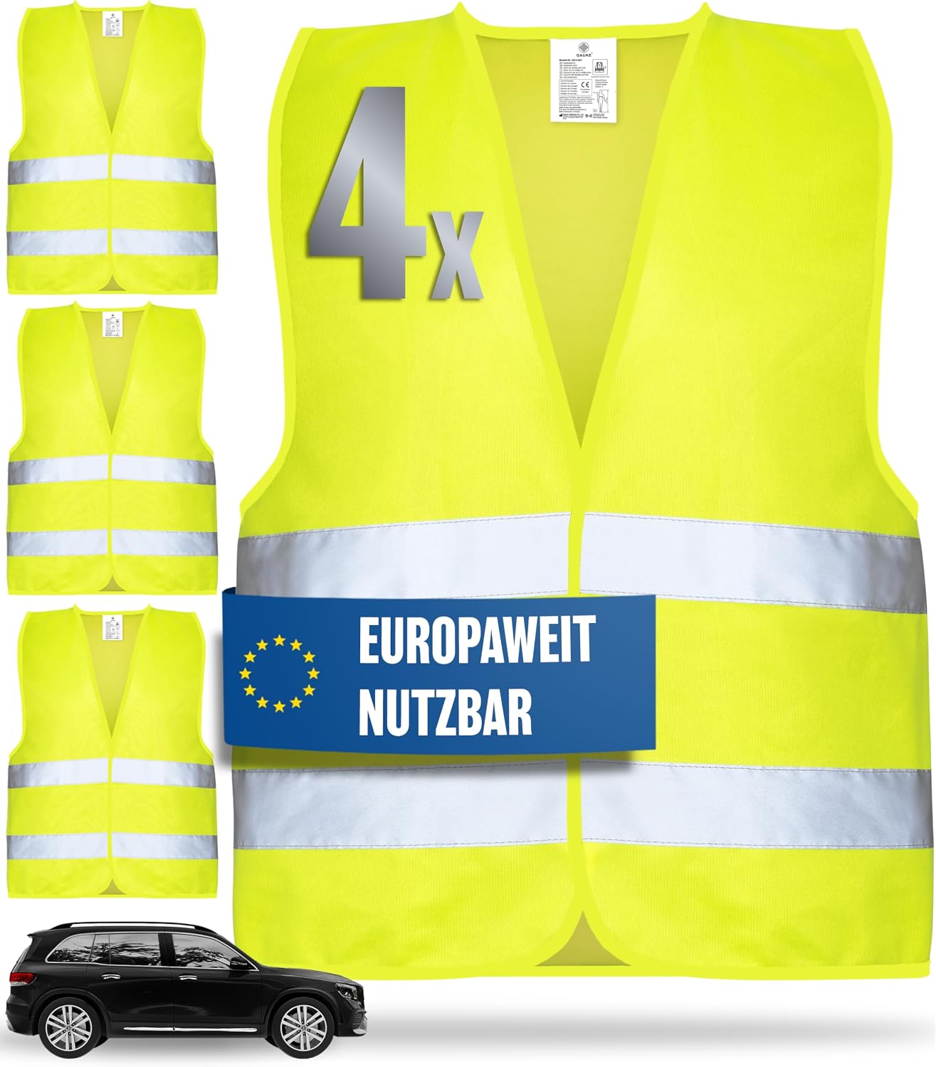 Warnwesten Auto 4er Set Europaweit gültig nach aktueller Norm 2026 EN ISO 20471 - Reflektierende Warnweste Auto - Sicherheitsweste Gelb - Warnschutzweste - Auto Warnweste für Erwachsene