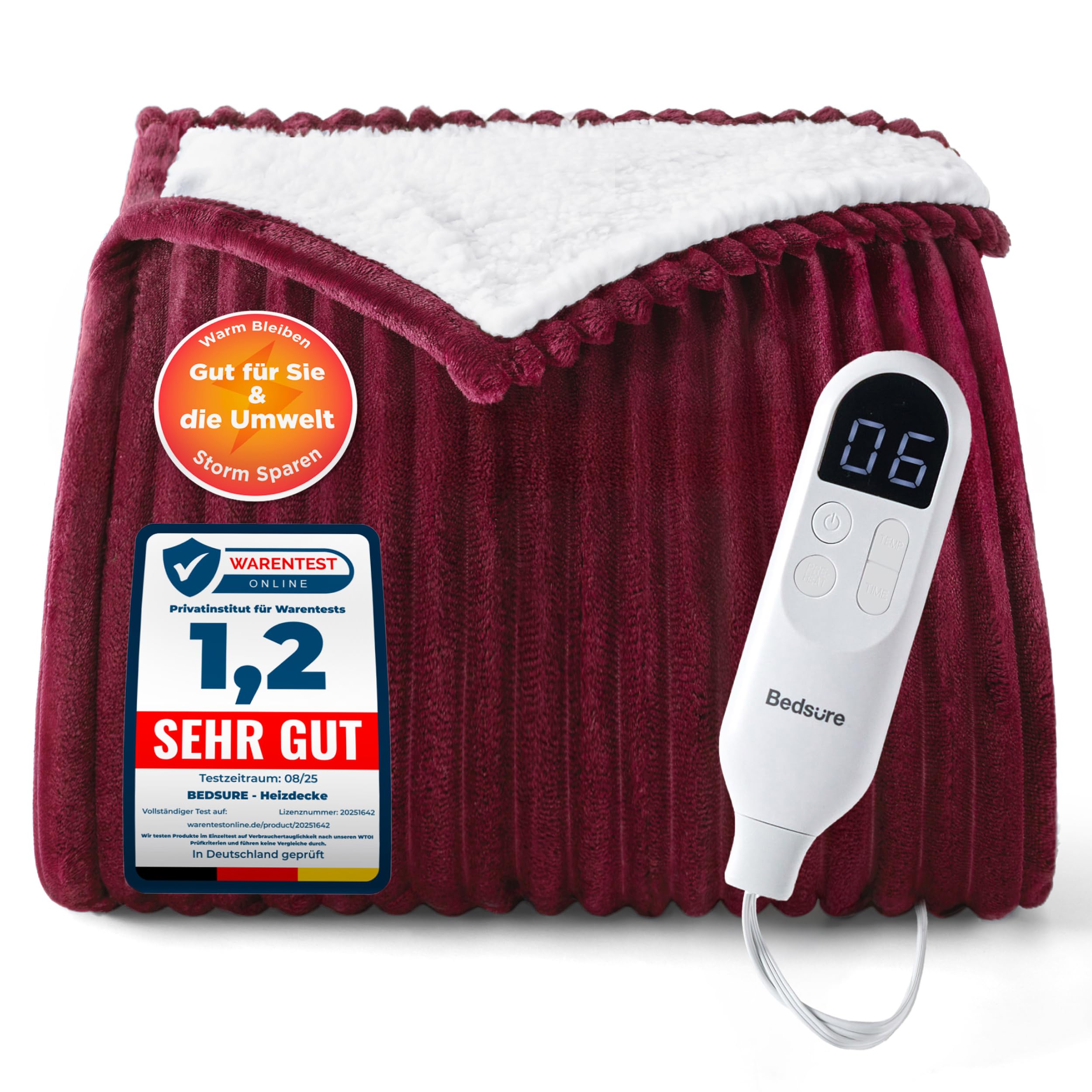 Elektrische Decke mit automatischem Abschalten - Wärmedecke mit 6 Wärmeeinstellungen und 10-Stunden-Timer, bis zu 8 Stunden Überhitzungsschutz, elektrische Kuscheldecke für Zuhause und Büro, 130 x 180 cm
