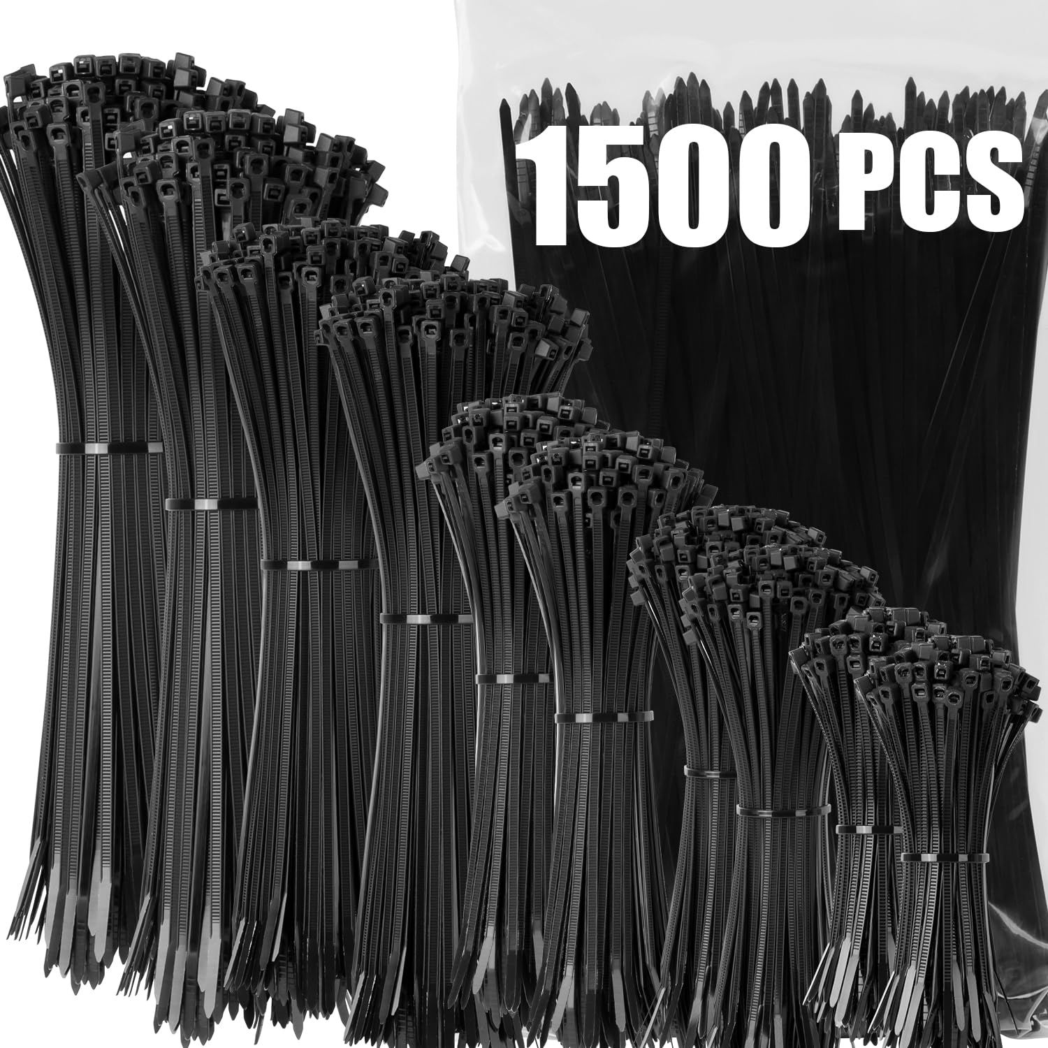 1500 Stück Kabelbinder Schwarz Set, 100/150/200/300 mm(je 300 Stück), UV Beständig Nylon Verschiedene Größen Super Haltbar Selbsthemmend Kabelbinder für Zuhause, Büro, Garten und Werkstatt