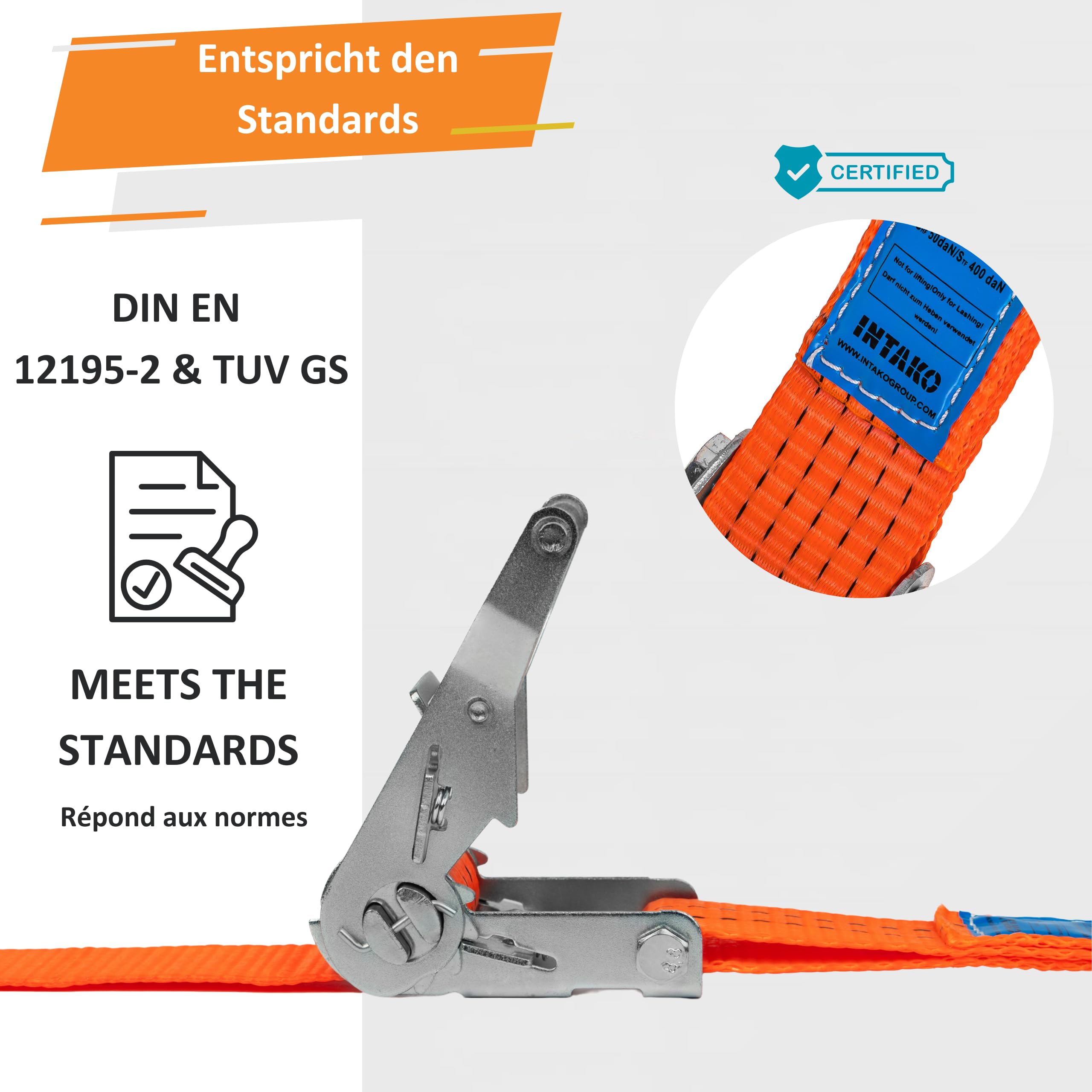 Spanngurte mit Ratsche und Haken - 4m / 6m / 8m - 2000kg 35mm - 4 Stück - Ratschen Set - Ratschengurt 2-Teilig - Zurrgurt Orange - TÜV GS Geprüft und gemäß DIN EN 12195-2 (Orange, 6m)