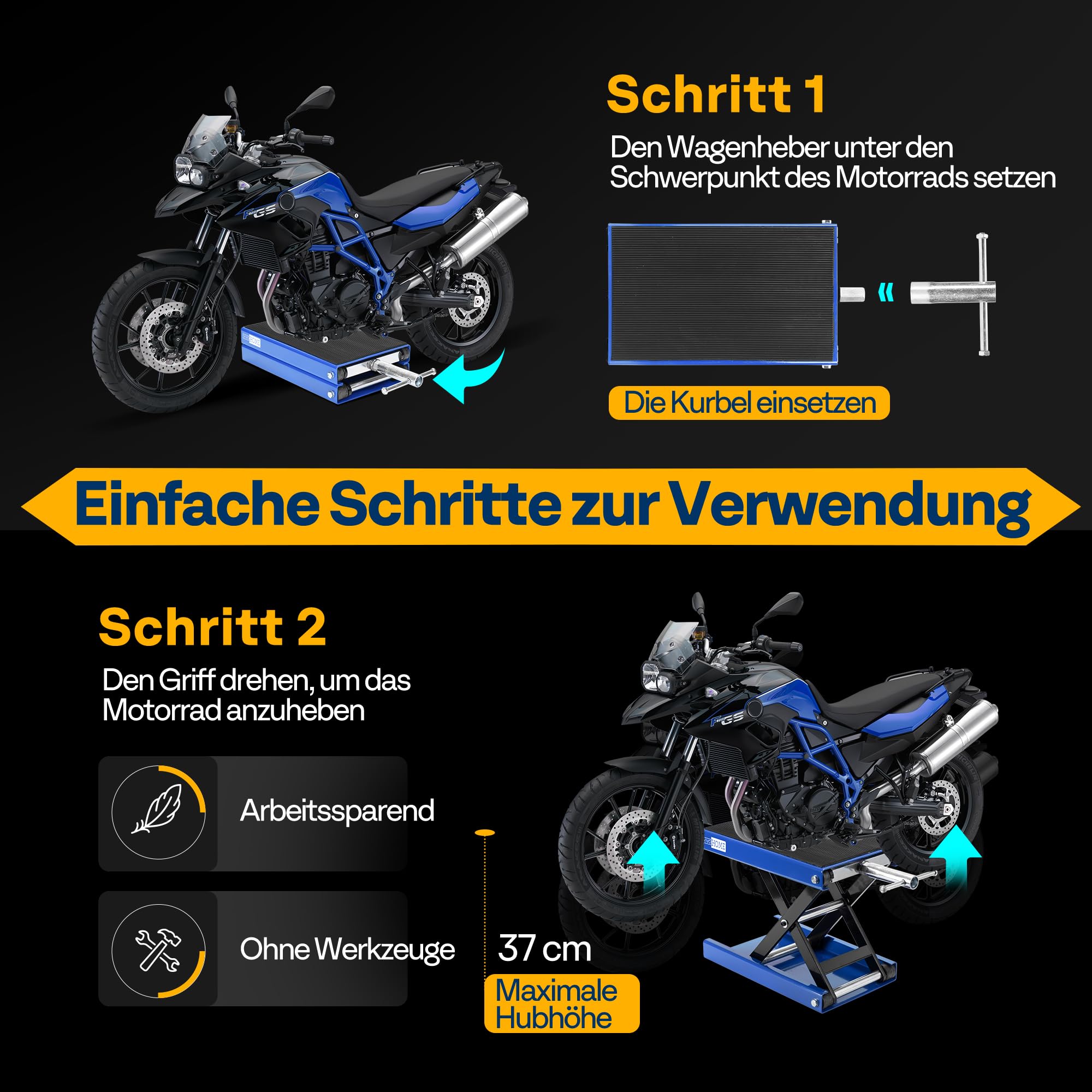 Motorrad Lift 500 kg Stahl-Schereheber mit breitem Deck und Kurbel für Motorräder Off-Road-Fahrzeuge Schmutzfahrräder