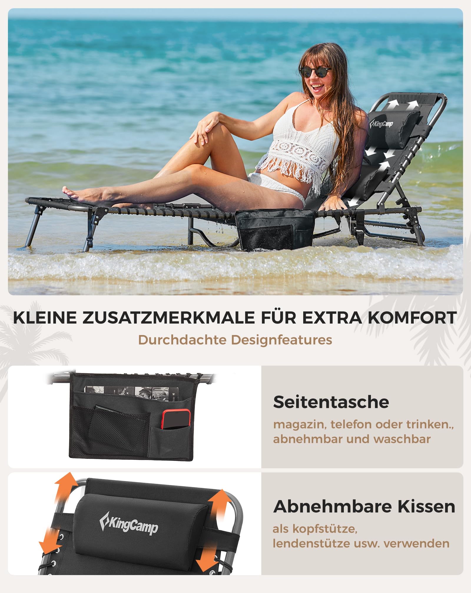 Sonnenliege Klappbar 5-Verstellbare, bis 180 kg, 2er Set, Blau | Gartenliege Klappbar, mit Kopfstütze & Seitentasche, Sonnenliege Wetterfest, Strandliege für Garten Terrasse Pool Camping