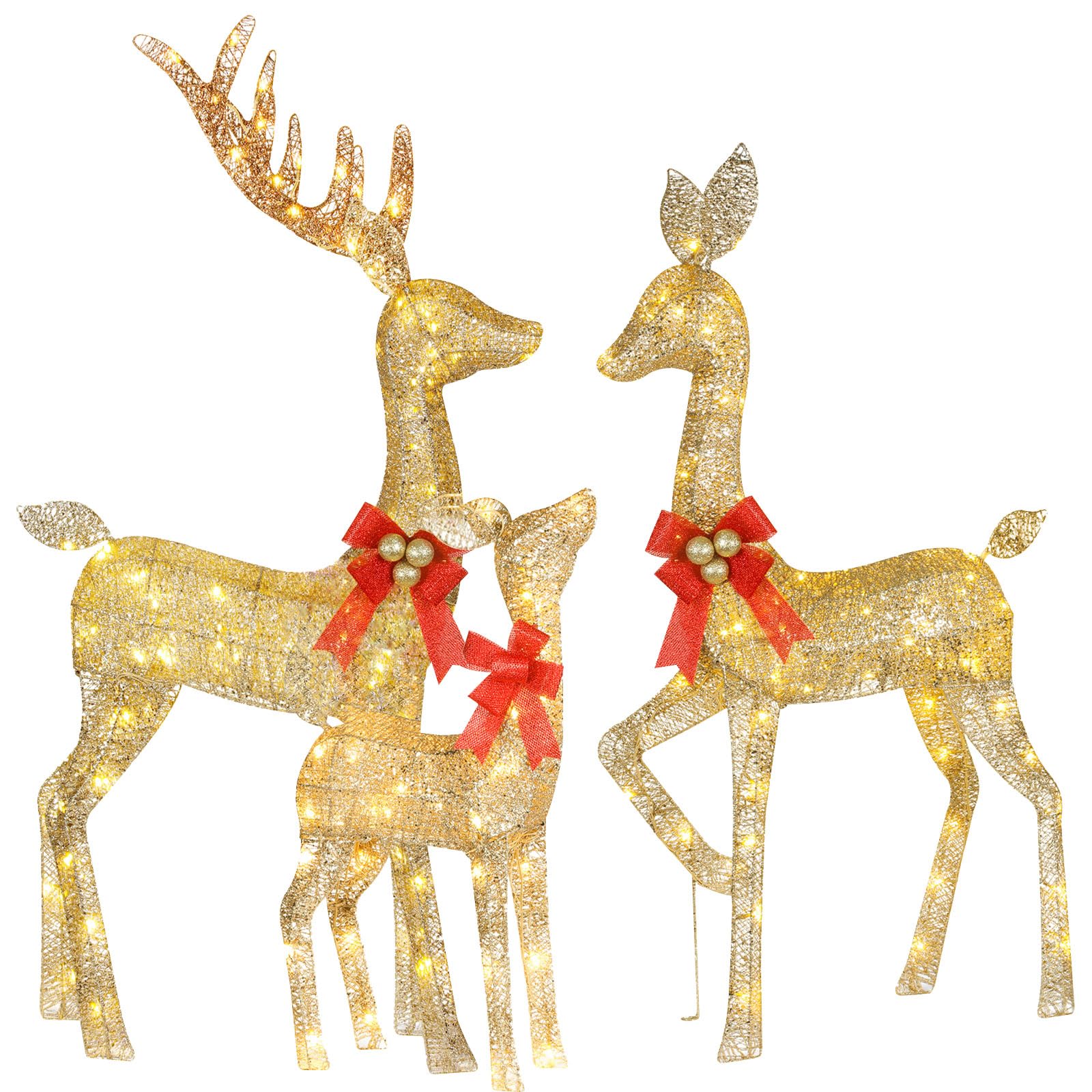 Beleuchtete Weihnachtsdekoration Deer 3 Stücke, Beleuchtete Weihnachtsdekoration Reindeer Familienset für Indoor Outdoor Vorderveranda mit LED, Stecker, Verlängerungskabel, Bodenpfähle, Gold