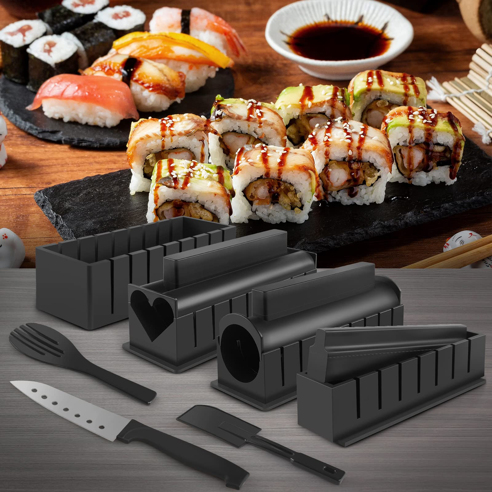 Sushi Set, 20-teiliges Kit für Anfänger, um sich selbst Sushi zu machen, Sushi-Platte mit Reisrollenformen, Gabel, Messer, Rollmatte, Sticks