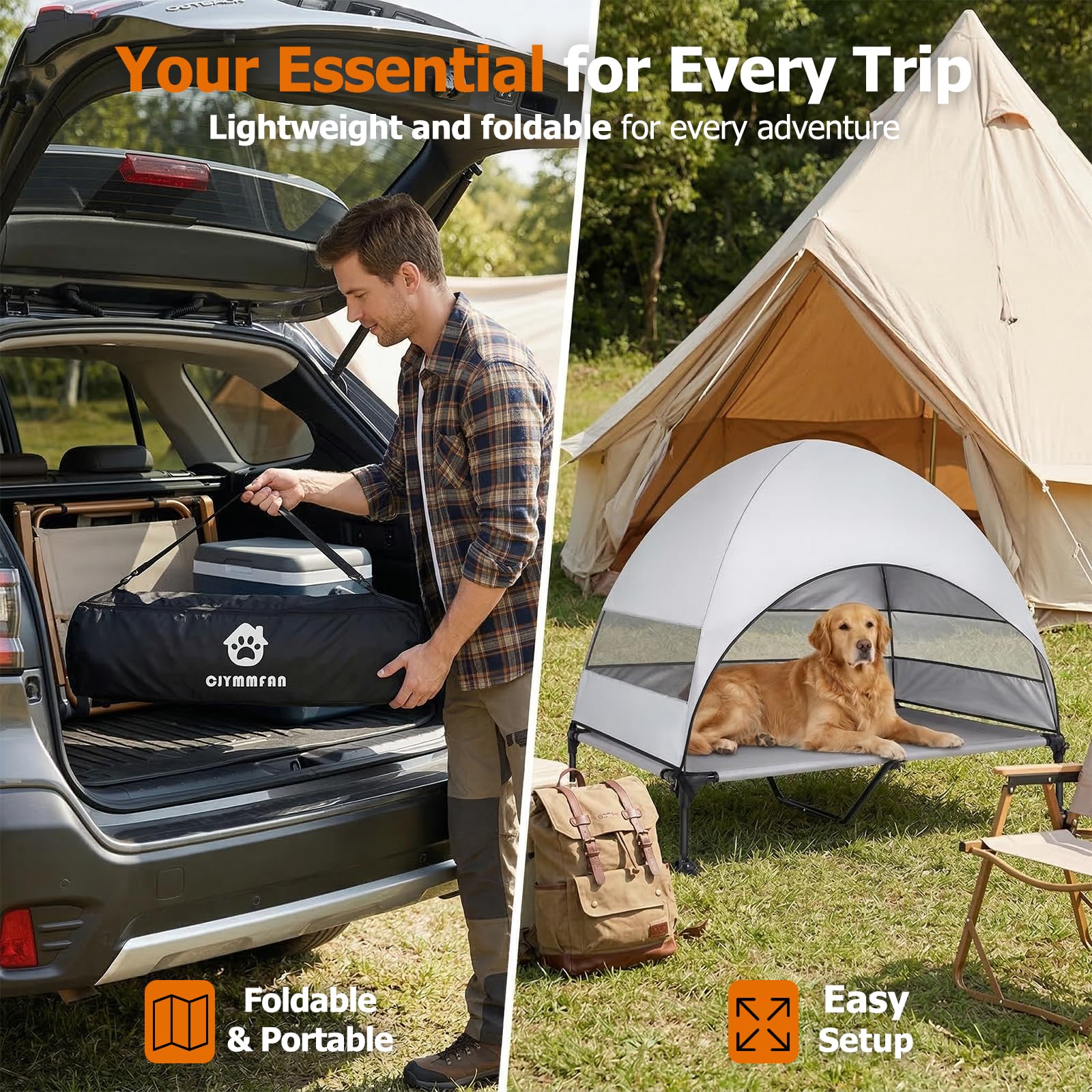 Erhöhtes Hundebett Outdoor mit UV-beständiges Dach，Hundeliege Klappbar mit Anti-Rutsch-Füßen, Hundezelt Outdoor mit Großem Schatten, Kühlendes ErhöHtes Hunde Bett für Camping, Garten & Pool (Grau, L)