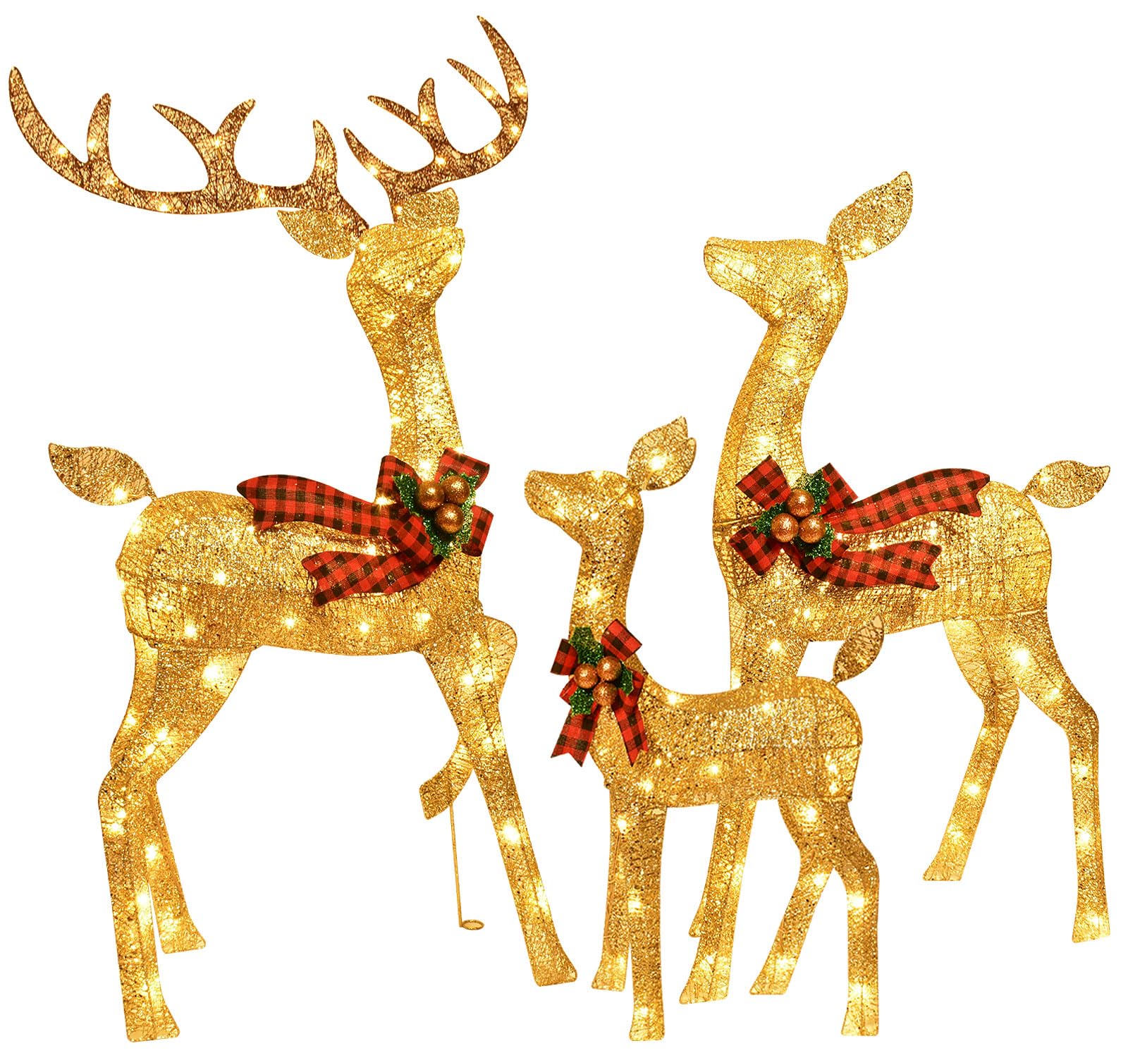 Beleuchtete Weihnachtsdekoration Deer 3 Stücke, Beleuchtete Weihnachtsdekoration Reindeer Familienset für Indoor Outdoor Vorderveranda mit LED, Stecker, Verlängerungskabel, Bodenpfähle, Gold