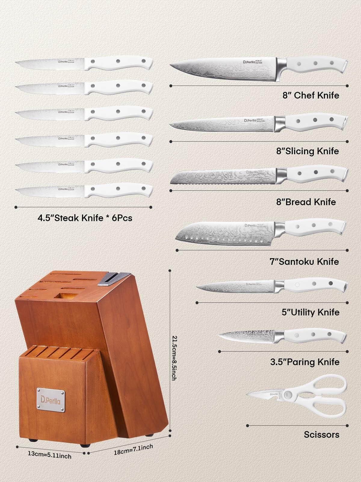 Messerblock Set, 14-teiliger selbstschärfender Messerblock mit Messer, scharfer Edelstahlmessersatz mit Kunststoffgriff und Holzblock, professionelles Küchenmesserset