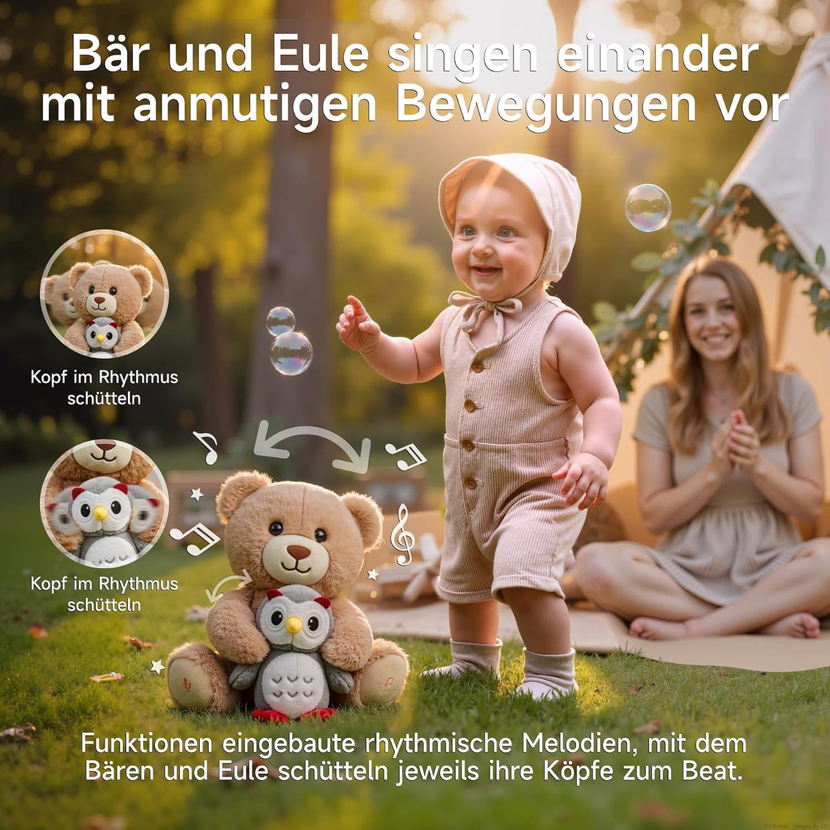 Musikalischer Kuschelbär mit Eule, Interaktives Sprechendes Plüschtier, Aufnahme Wiederholungsfunktion Stofftier, Geschenk für Kinder, Baby