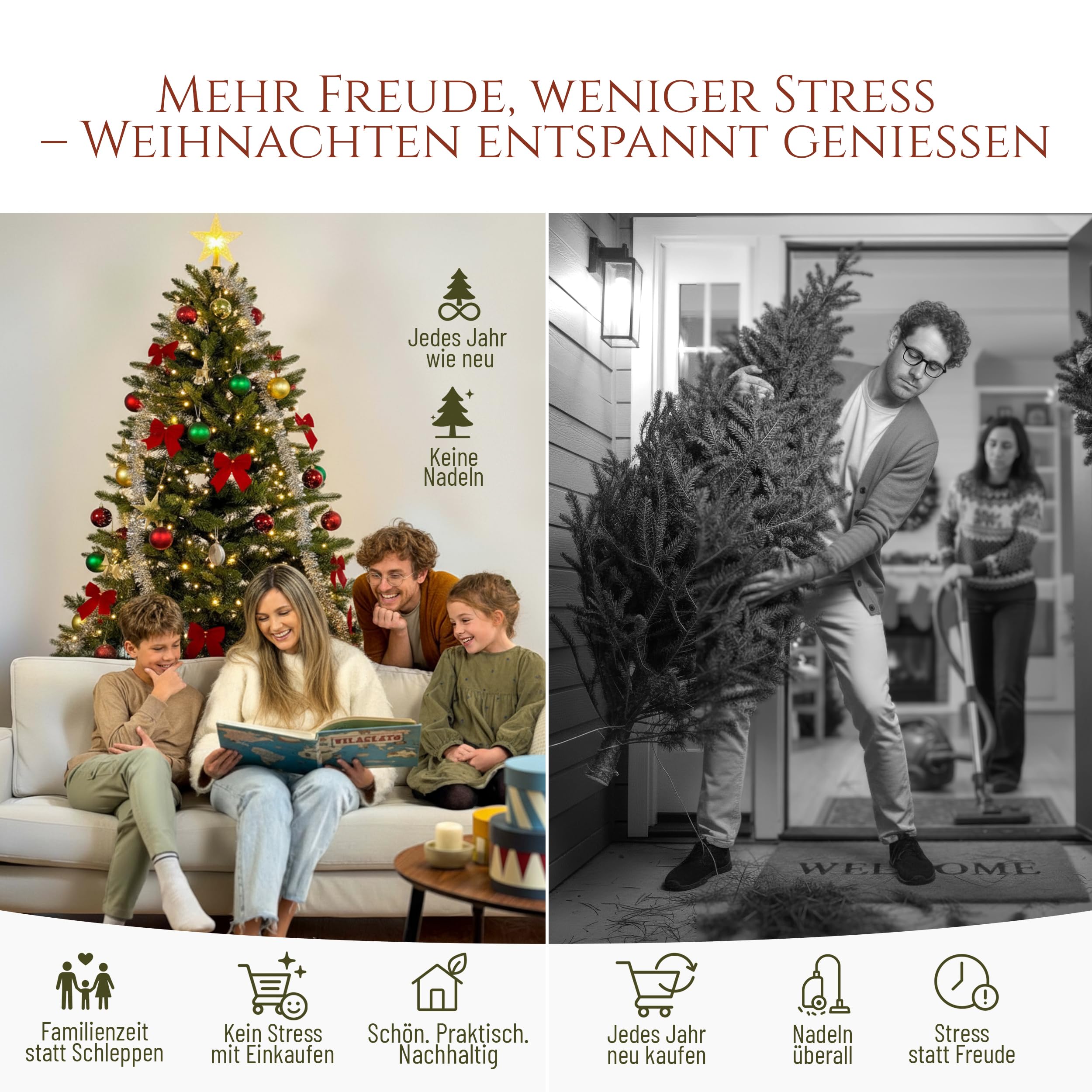 Künstlicher Weihnachtsbaum - Lebensähnlich, besonders dichte Äste, einfache Montage, Made in EU - Premium-Weihnachtsbaum mit Holzständer, Aufbewahrungstasche - Eleganter Nordmann Tannenbaum / Varianten Auswahl - Restposten Neu & OVP!
