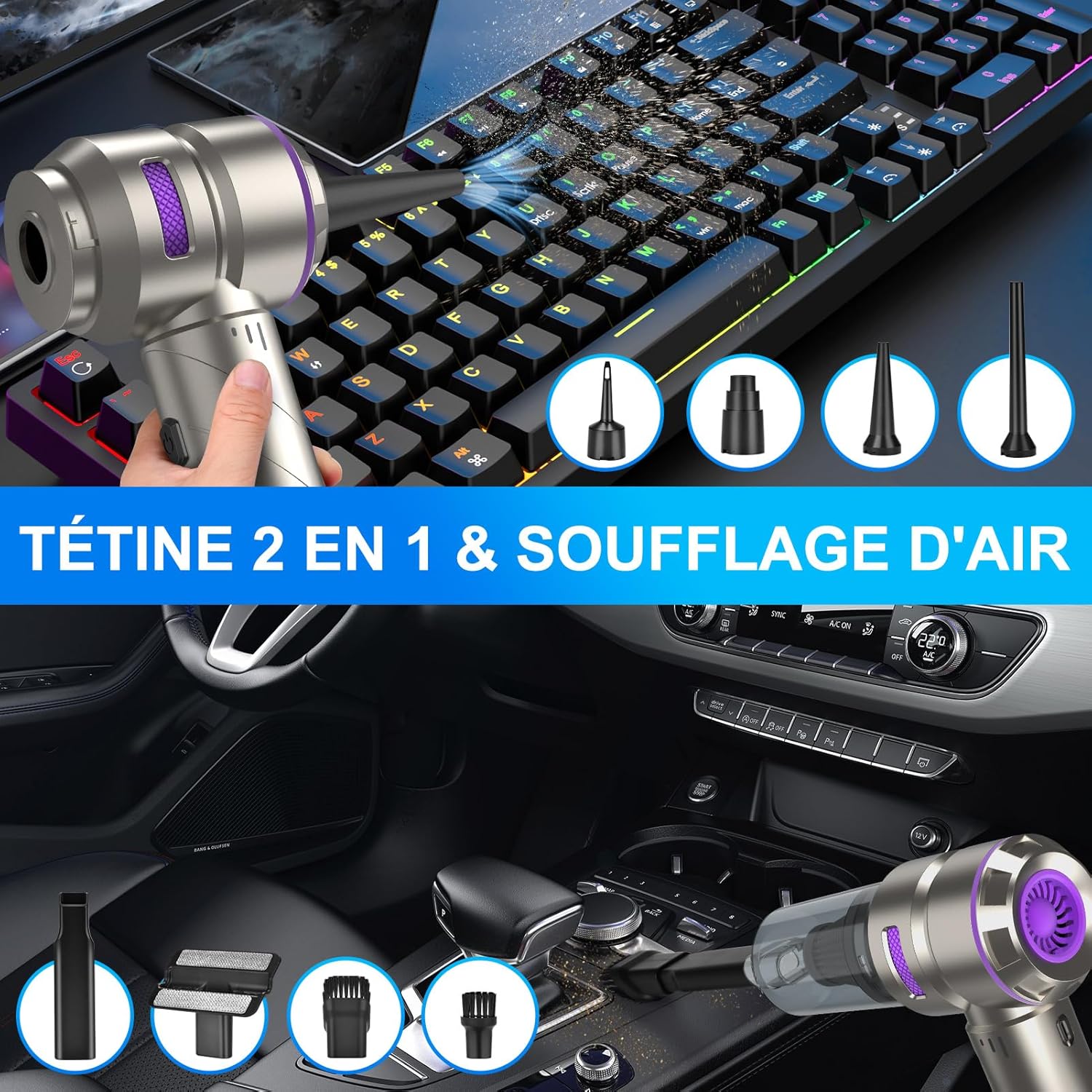 Handstaubsauger, 4-in-1 Handstaubsauger Akku kabellos, 18000Pa Autostaubsauger stark mit bürstenlosem Motor, 3-Gang Mini Staubsauger für Büro, Zuhause, Küche, Haustierhaar