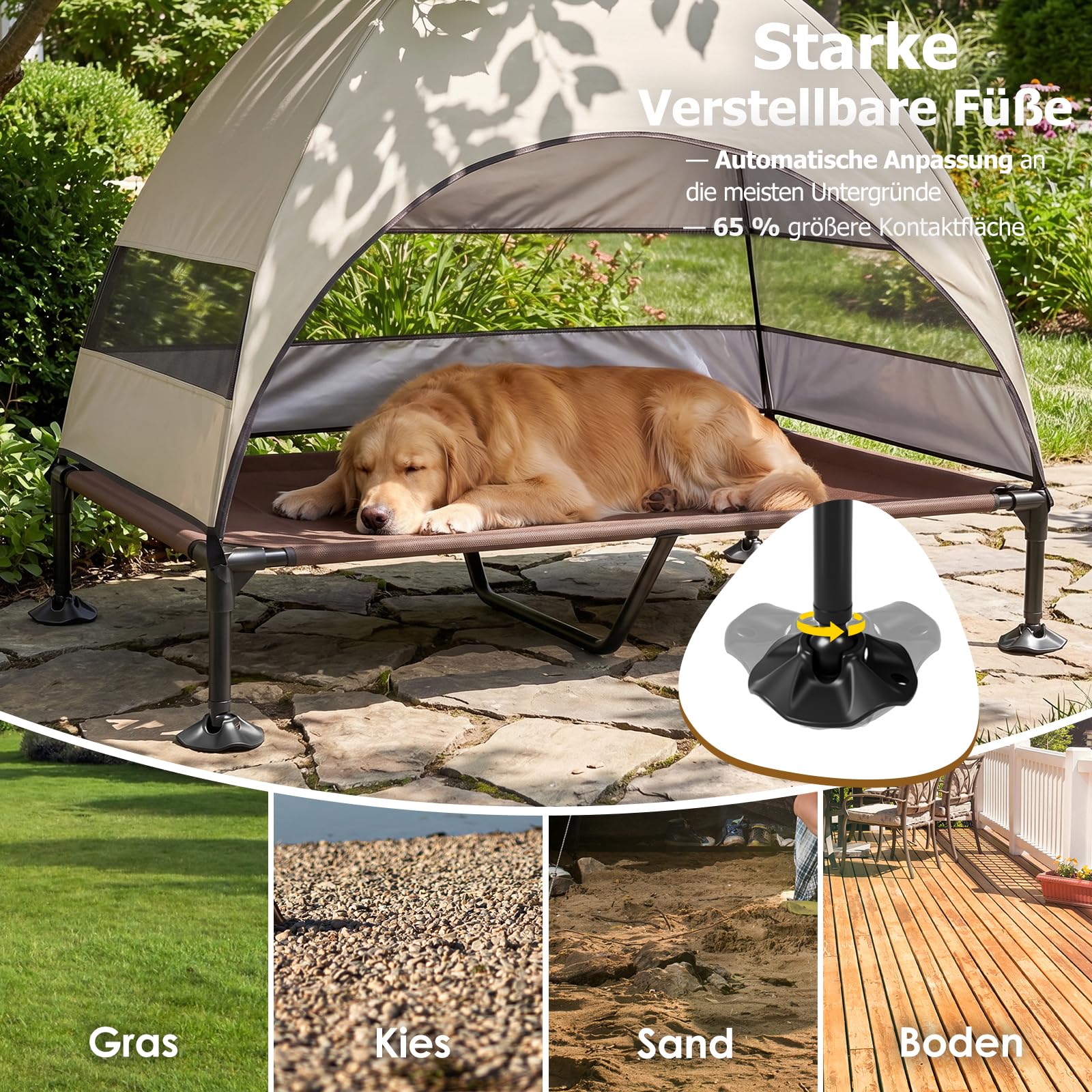 Erhöhtes Hundebett Outdoor mit UV-beständiges Dach，Hundeliege Klappbar mit Anti-Rutsch-Füßen, Hundezelt Outdoor mit Großem Schatten, Kühlendes ErhöHtes Hunde Bett für Camping, Garten & Pool (Grau, L)