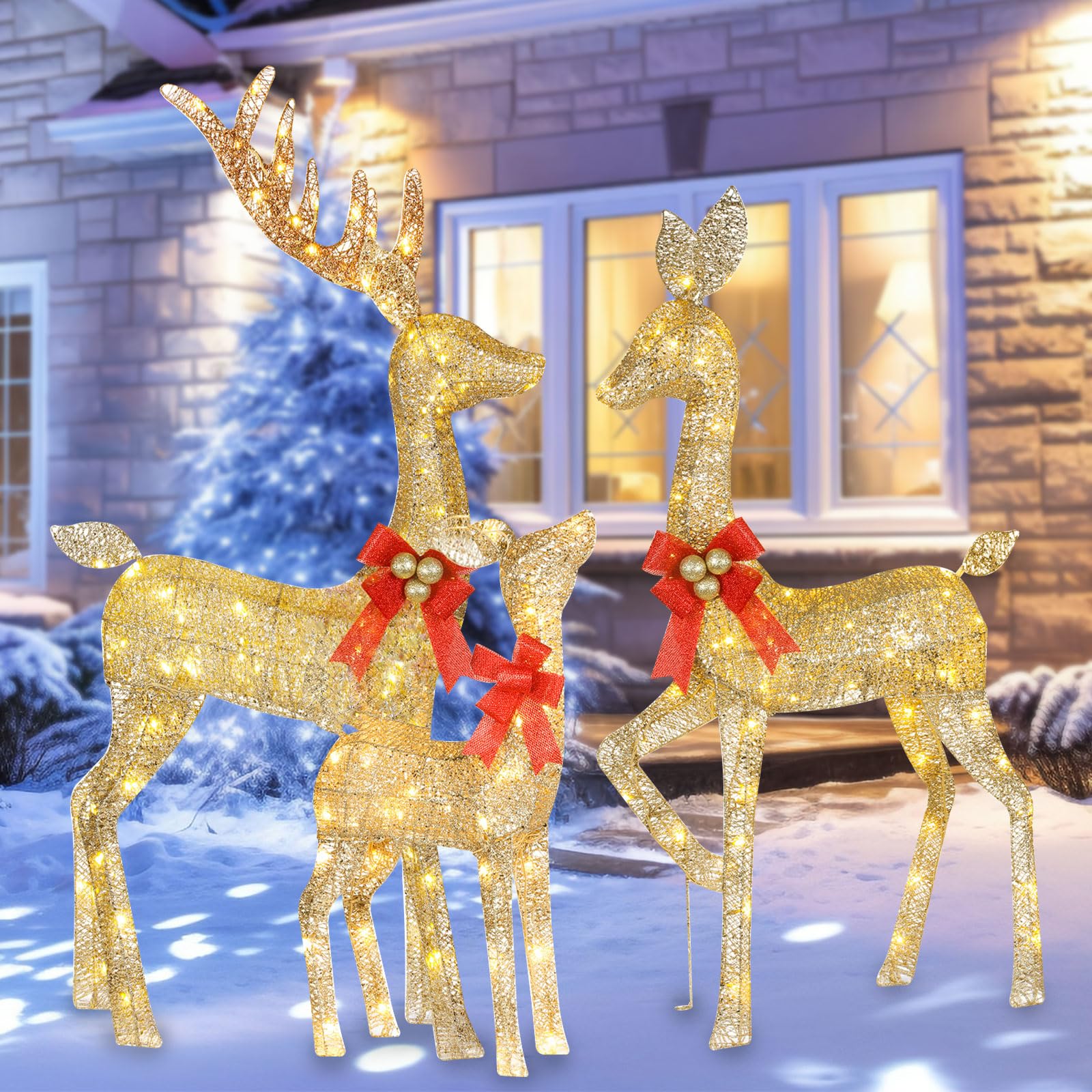 Beleuchtete Weihnachtsdekoration Deer 3 Stücke, Beleuchtete Weihnachtsdekoration Reindeer Familienset für Indoor Outdoor Vorderveranda mit LED, Stecker, Verlängerungskabel, Bodenpfähle, Gold