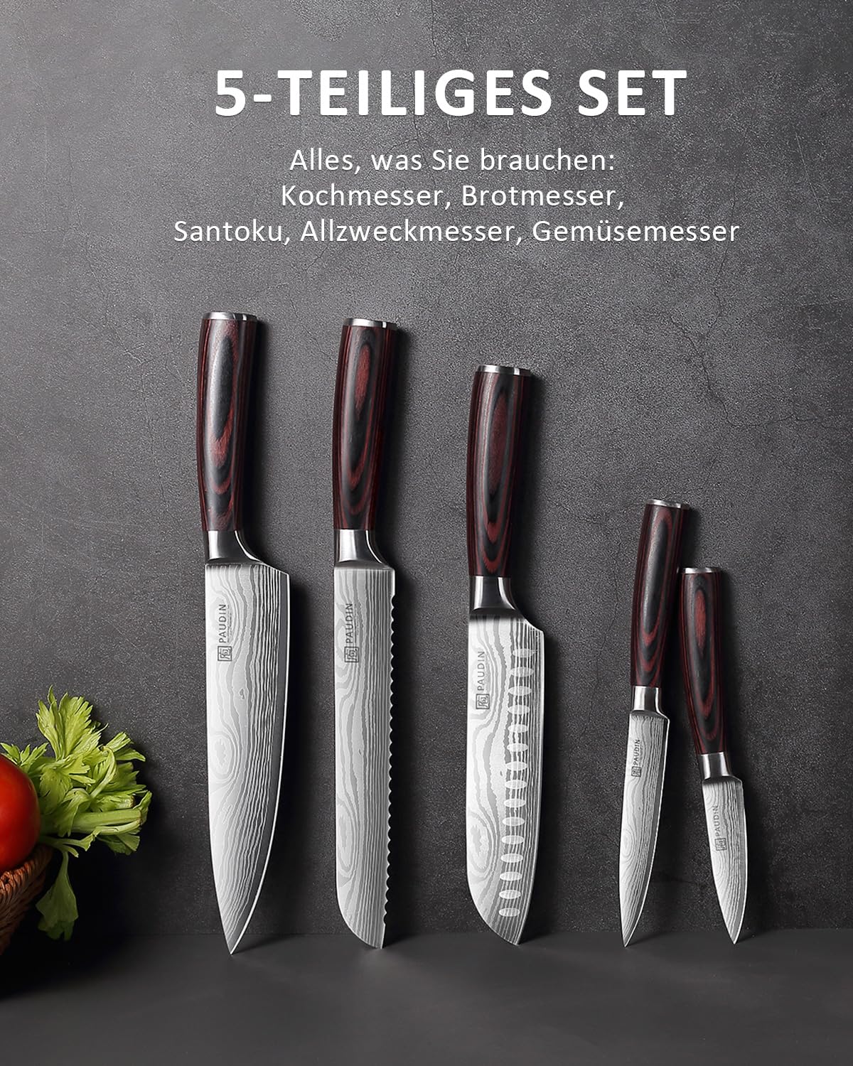Küchenmesser-Set, 5-teiliges Küchenmesser-Set aus hochwertigem Kohlenstoff-Edelstahl, Ultra Sharp Messer-Set mit Kochmesser, Hackmesser, Nutzmesser