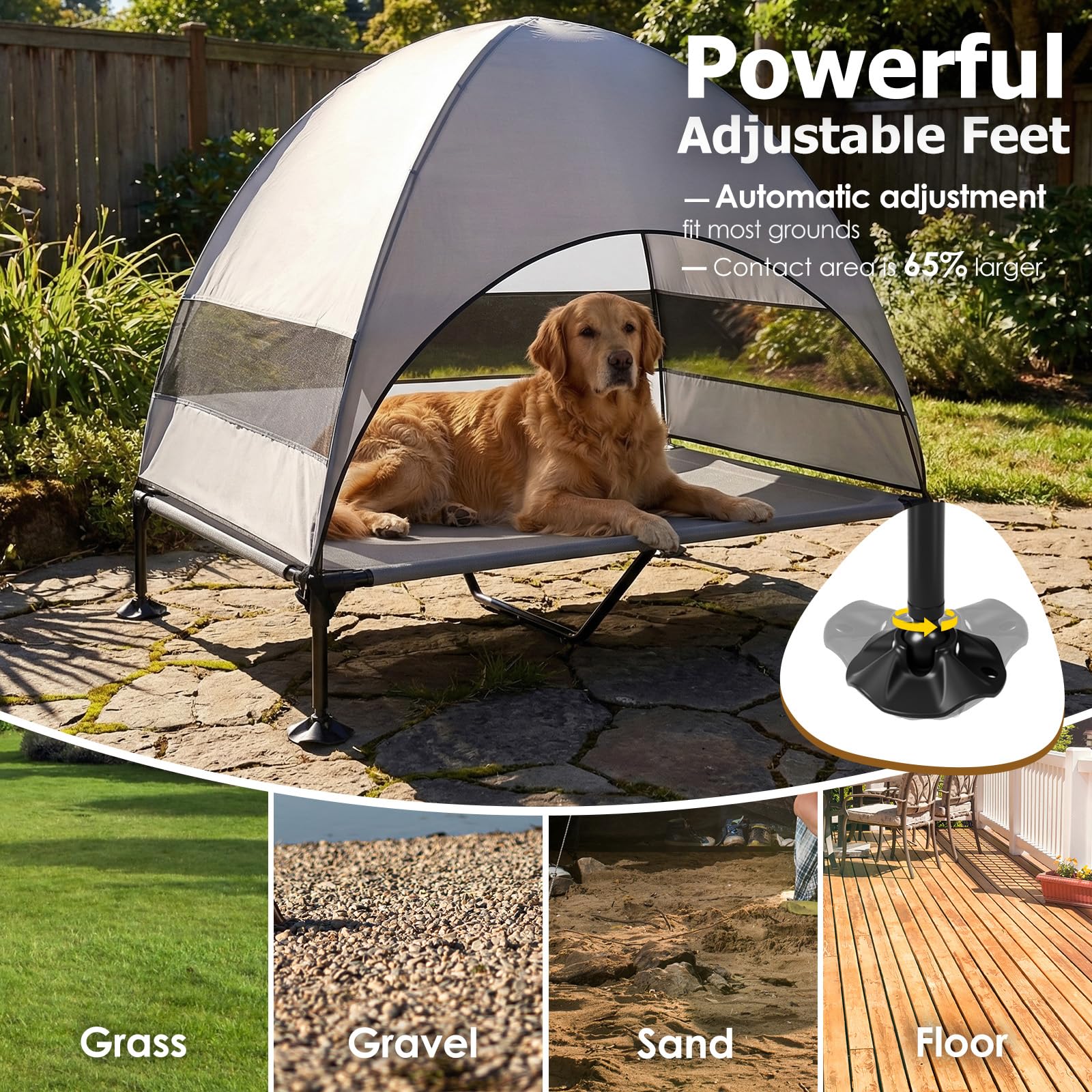 Erhöhtes Hundebett Outdoor mit UV-beständiges Dach，Hundeliege Klappbar mit Anti-Rutsch-Füßen, Hundezelt Outdoor mit Großem Schatten, Kühlendes ErhöHtes Hunde Bett für Camping, Garten & Pool (Grau, L)