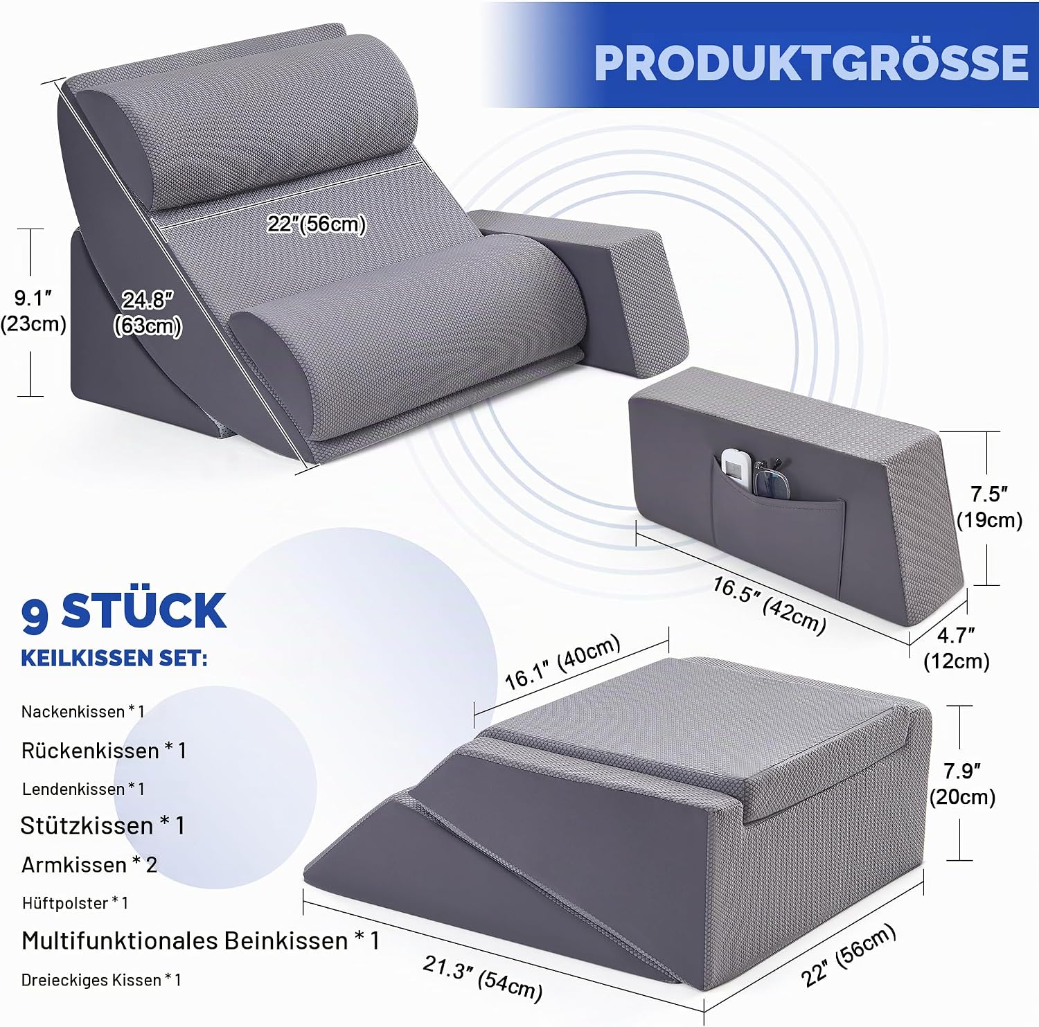 9PCS Orthopädische Bett Keil Kissen Set,Post Chirurgie Schaum Kissen für Körper, Rücken und Beine Schmerzlinderung,Justierbare Stützkissen mit Säure Reflux Bed Wedge Memory Foam Durchgehend dunkelgrau
