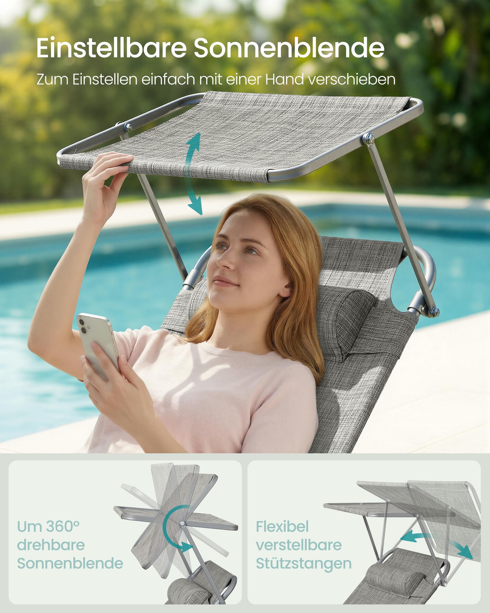 Sonnenliege, klappbarer Liegestuhl, 193 x 53 x 29 cm, trägt bis zu 150 kg, Sonnenschutz, Kopfkissen, verstellbare Rückenlehne, für Garten, Pool, Terrasse