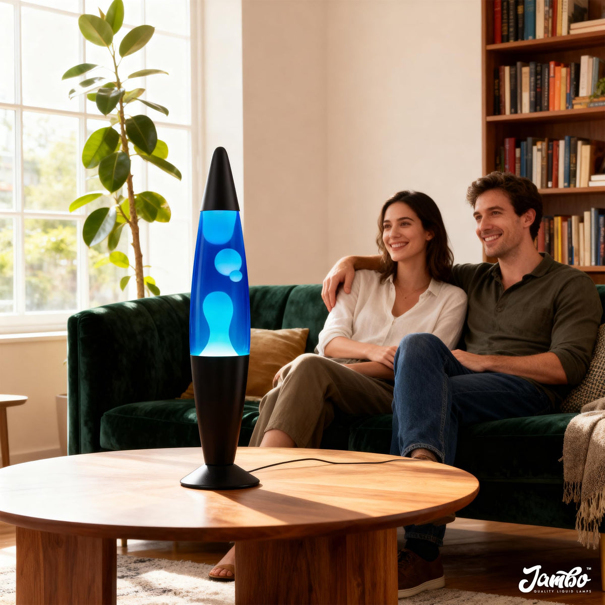 Jambo Liquid-Motion-Lampe mit schwarzem Sockel (Black Base, Purple Liquid, White Wax, 16")
