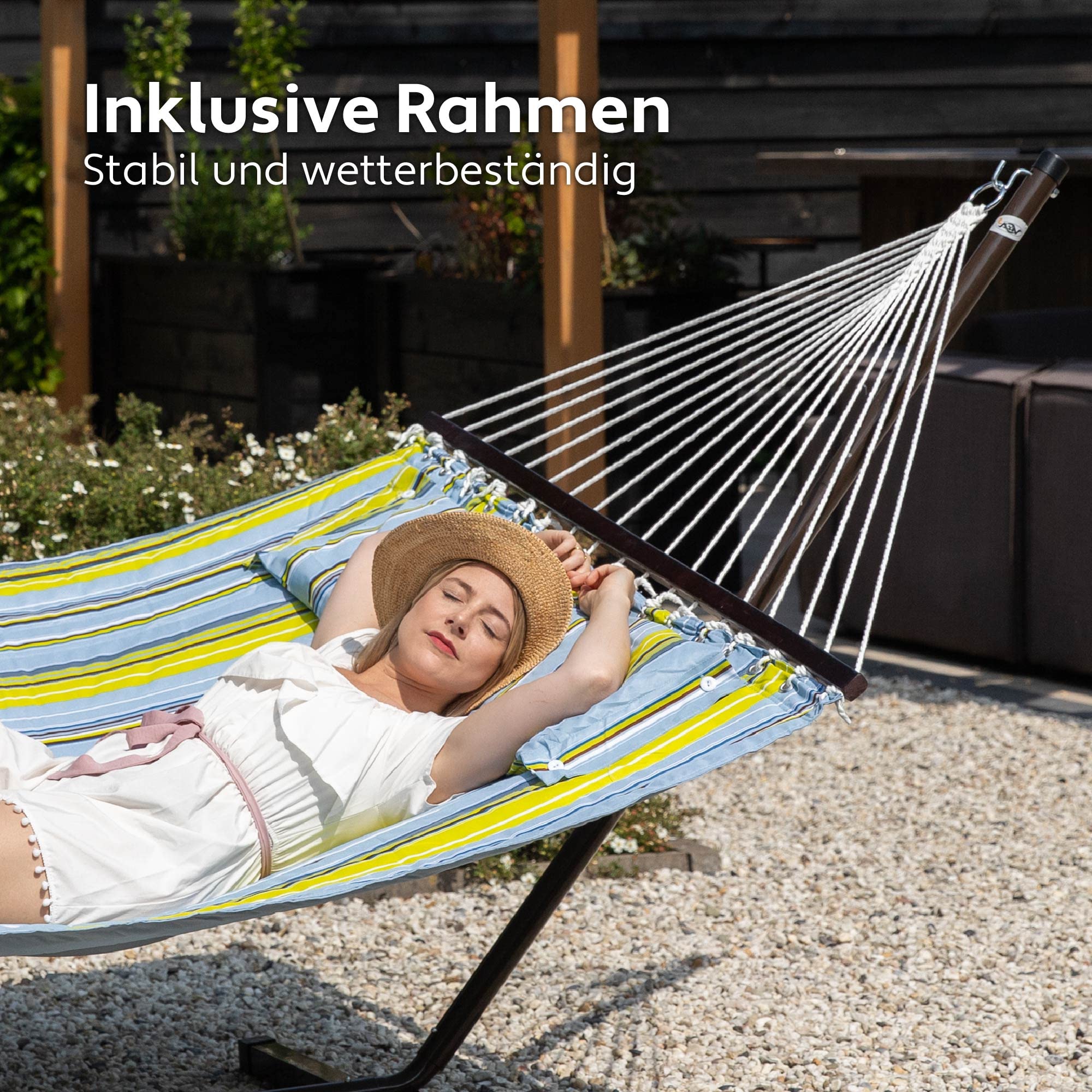Hängematte mit Gestell und Tisch - Hängematte Outdoor für den Garten, Pool & Balkon - Großzügige Hängematten 2 Personen - Doppelhängematte mit Ständer und Beistelltisch - 200 kg Belastbarkeit