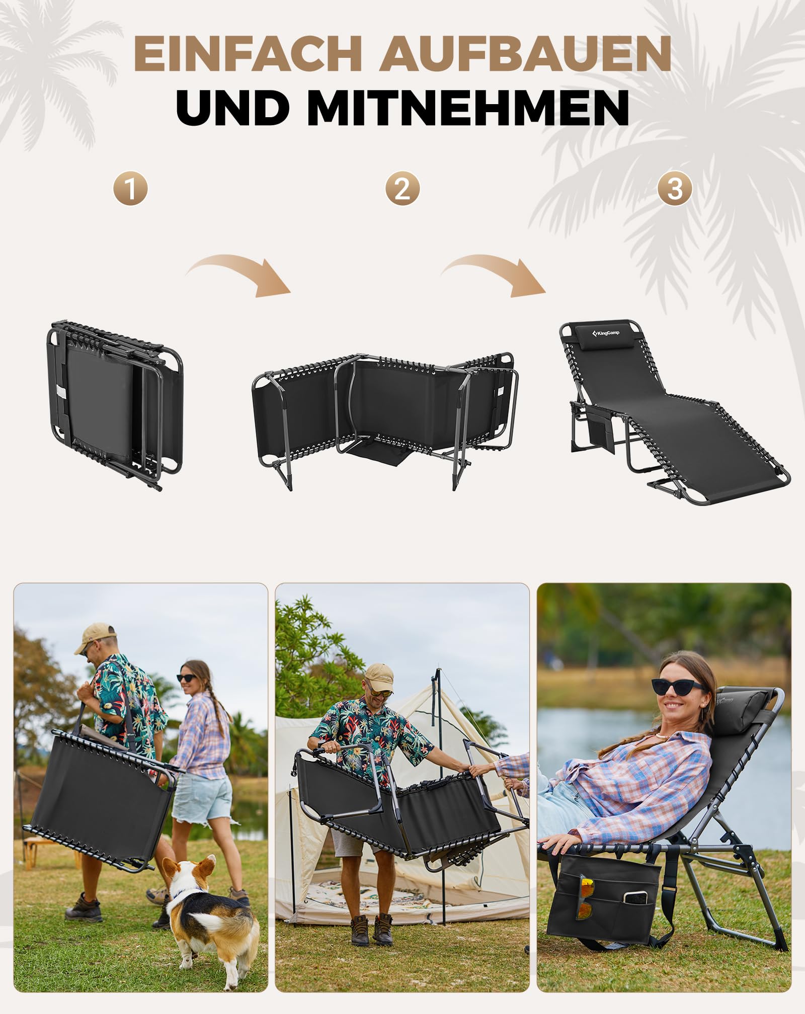 Sonnenliege Klappbar 5-Verstellbare, bis 180 kg, 2er Set, Blau | Gartenliege Klappbar, mit Kopfstütze & Seitentasche, Sonnenliege Wetterfest, Strandliege für Garten Terrasse Pool Camping
