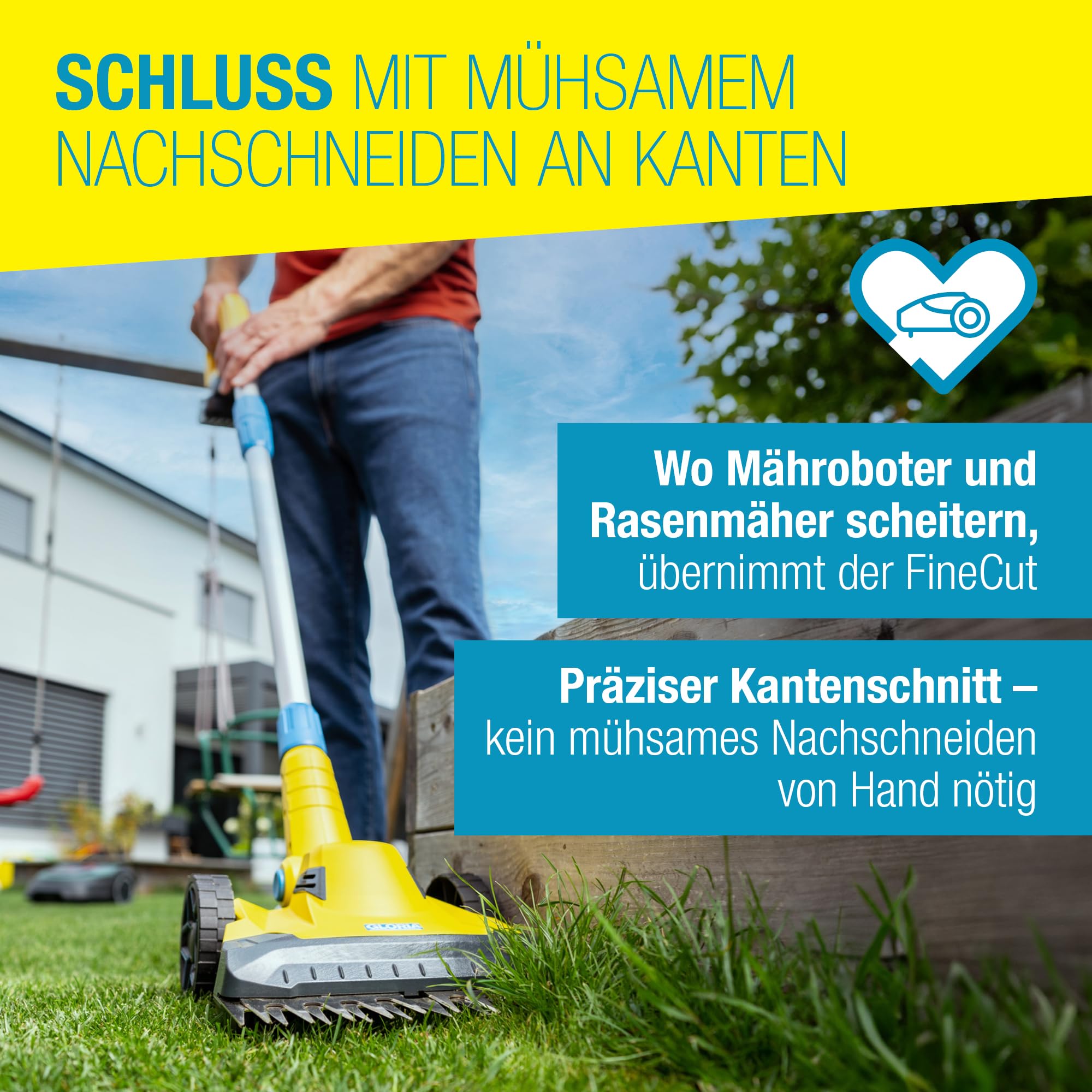 Rasentrimmer & Kantenschneider FineCut Varianten 18V Set | 25 cm Schnittbreite für Rasenkanten & kleine Gärten | inkl. Bosch Akku & Ladegerät | Ideal als Ergänzung zum Mähroboter, Gelb und Blau, Auswahl Varianten
