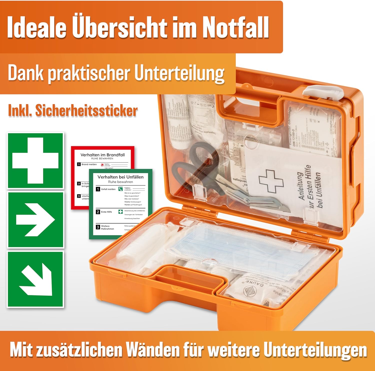 Erste-Hilfe-Box nach DIN 13157:2021 Inklusive Wandmontage & Aufkleber, universeller Erste-Hilfe-Fall für Unternehmen, Haushalte oder Catering - Büro-Erste-Hilfe-Box gefüllt, Sanitärbox