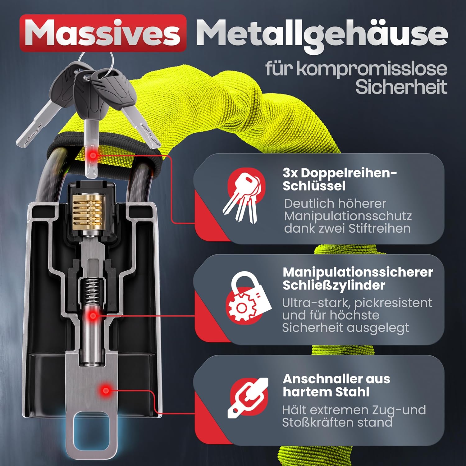 Lenkradkralle für Auto & Wohnmobil aus Metall - Universelle Passform - Lenkradschloss mit dickem Stahlseil - Wegfahrsperre Diebstahlsicherung mit 3 Sicherheitsschlüsseln