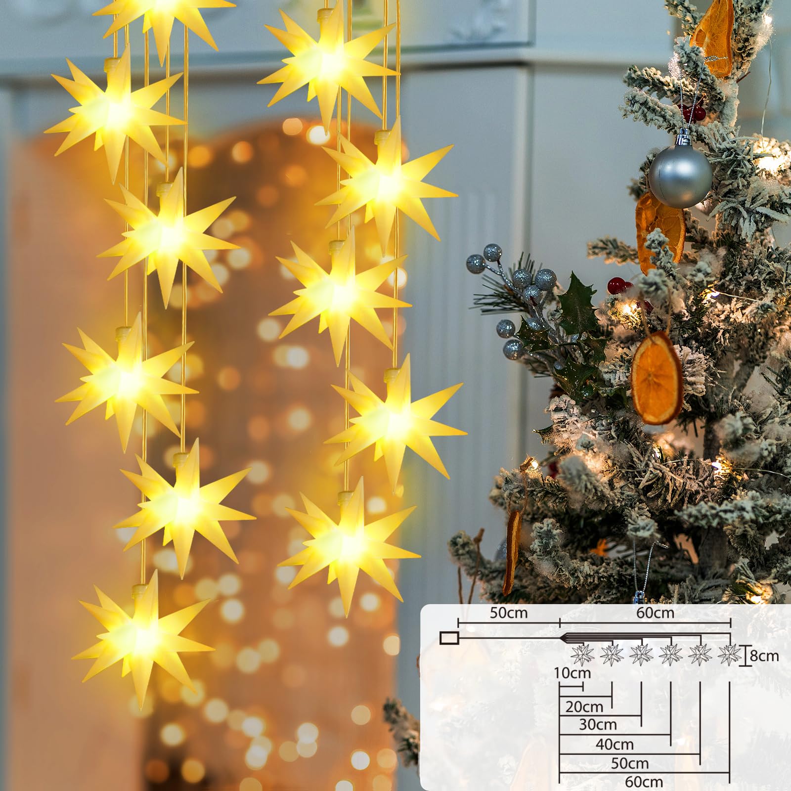 Set von 6 LED Weihnachtsstern beleuchtet Outdoor Indoor LED Star Batterie Weihnachtsdekoration 3D Leuchtender Stern Weihnachtsfenster Weiß