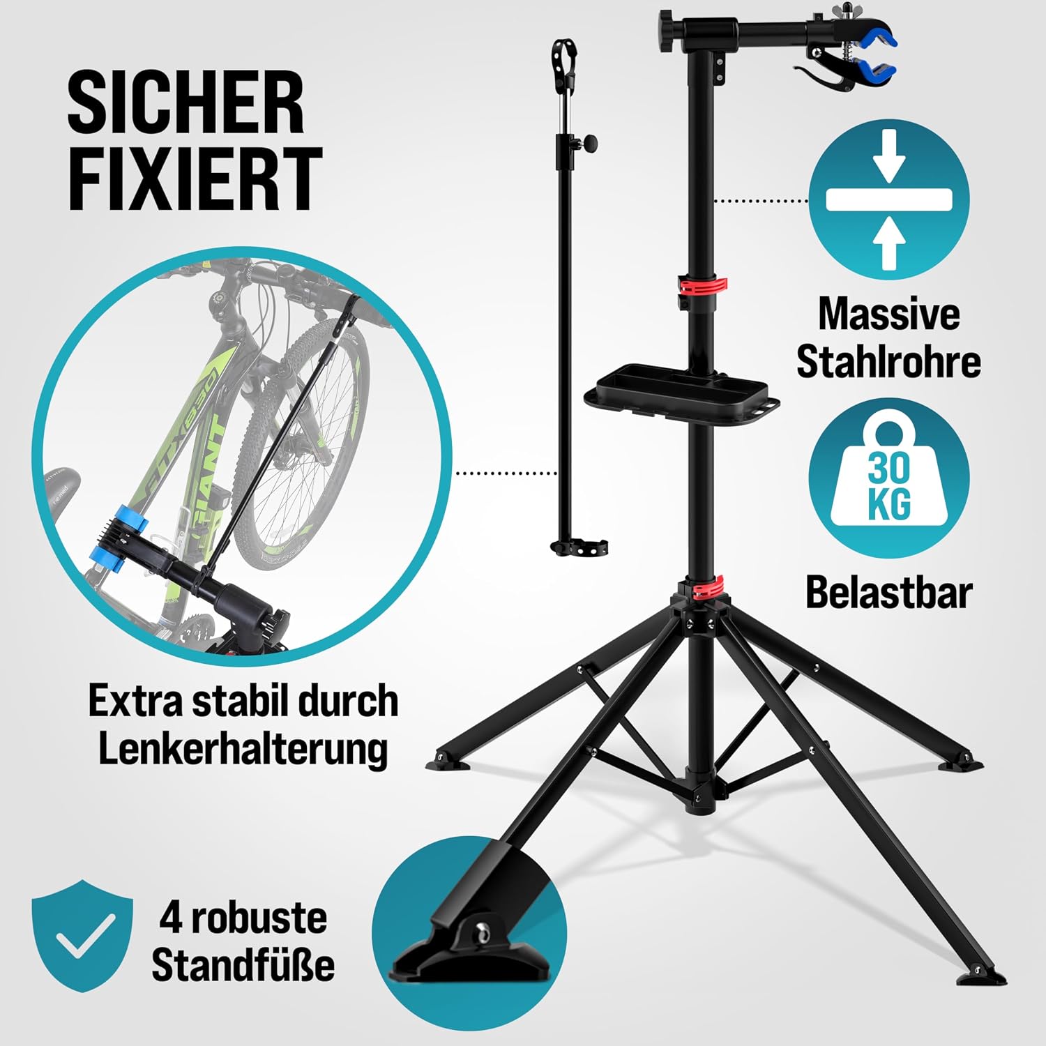 Fahrradmontageständer 30 kg mit Drehmomentschlüssel 1/4 Zoll Set Profi klappbar Tragetasche Reifenheber 1-25 Nm Bitset Transportbox