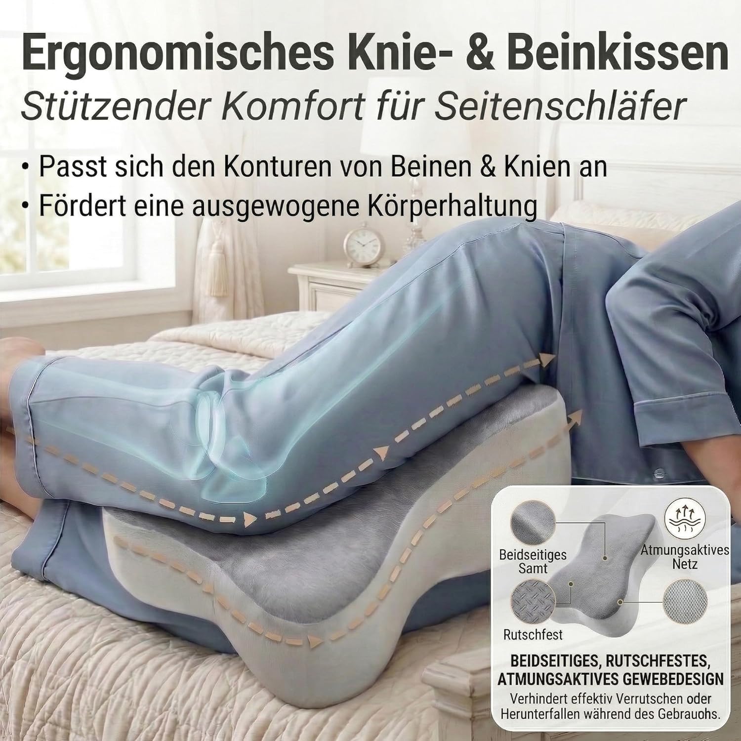 Kniekissen für Seitenschläfer – Ergonomisches Beinkissen mit Extra-Langem Design, unterstützt Oberschenkel & Knie, steigert Schlafkomfort, mit Abnehmbarem & Waschbarem Bezug