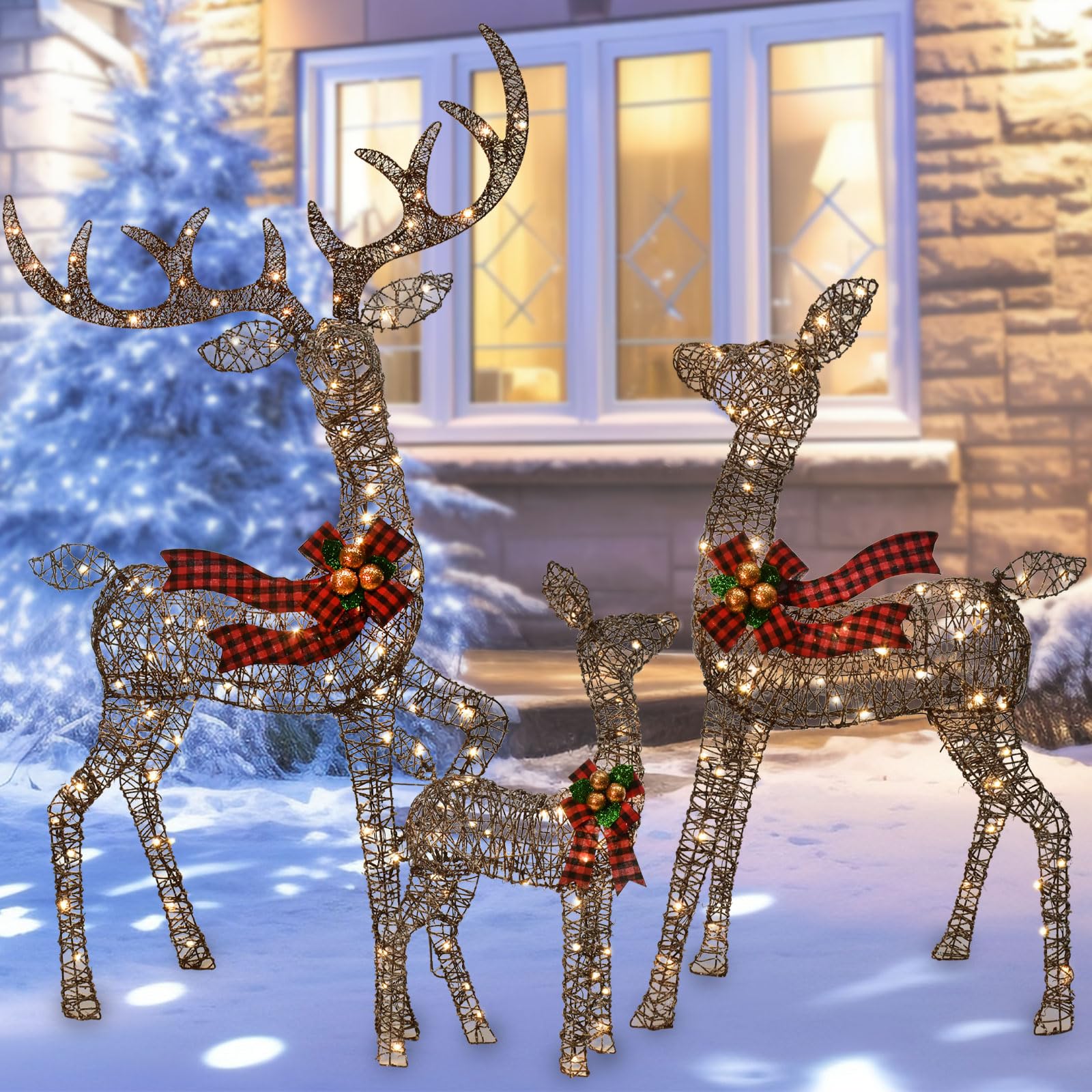 Beleuchtete Weihnachtsdekoration Deer 3 Stücke, Beleuchtete Weihnachtsdekoration Reindeer Familienset für Indoor Outdoor Vorderveranda mit LED, Stecker, Verlängerungskabel, Bodenpfähle, Gold