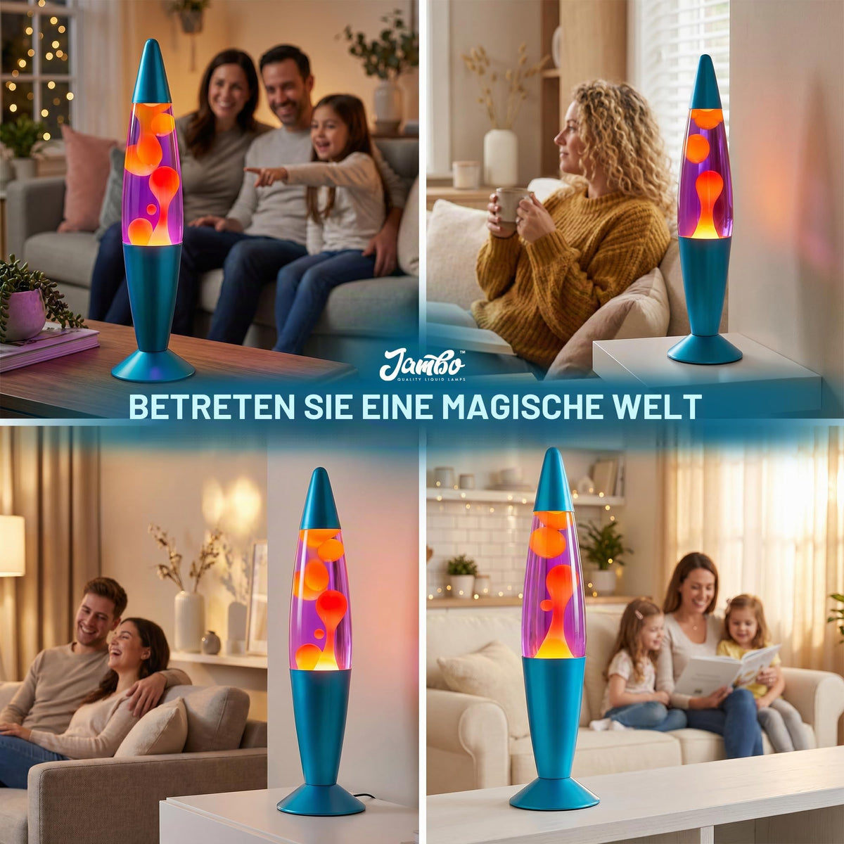 Jambo 40,6 cm schöne flüssige Bewegungslampe mit Wachs, das wie Lava fließt, unterhaltsam für Erwachsene, Jugendliche und Kinder (blaue Basis, blaue Flüssigkeit, gelbes Wachs, 40,6 cm