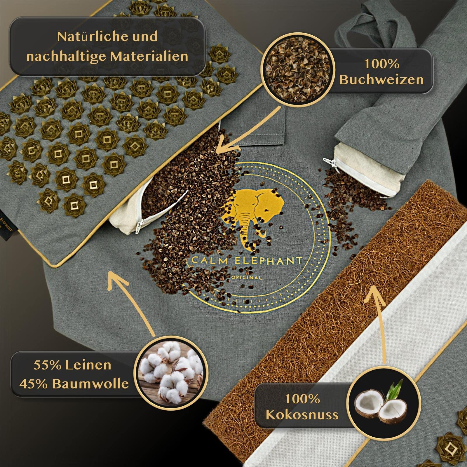 Echte Akupressurmatte mit Kissen XXL Set aus 5 Massagematten Rückenspannung Entlastung Akupunkturmatte mit Wärmefunktion, Lumbalkissen, Doormatte & Tasche, Grau