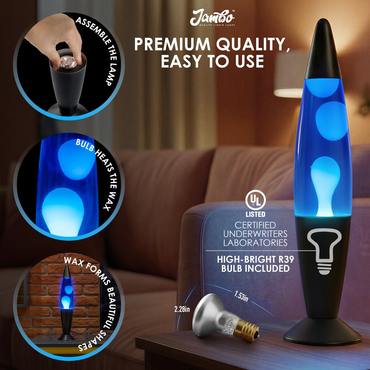 Jambo Liquid-Motion-Lampe mit schwarzem Sockel (Black Base, Purple Liquid, White Wax, 16")