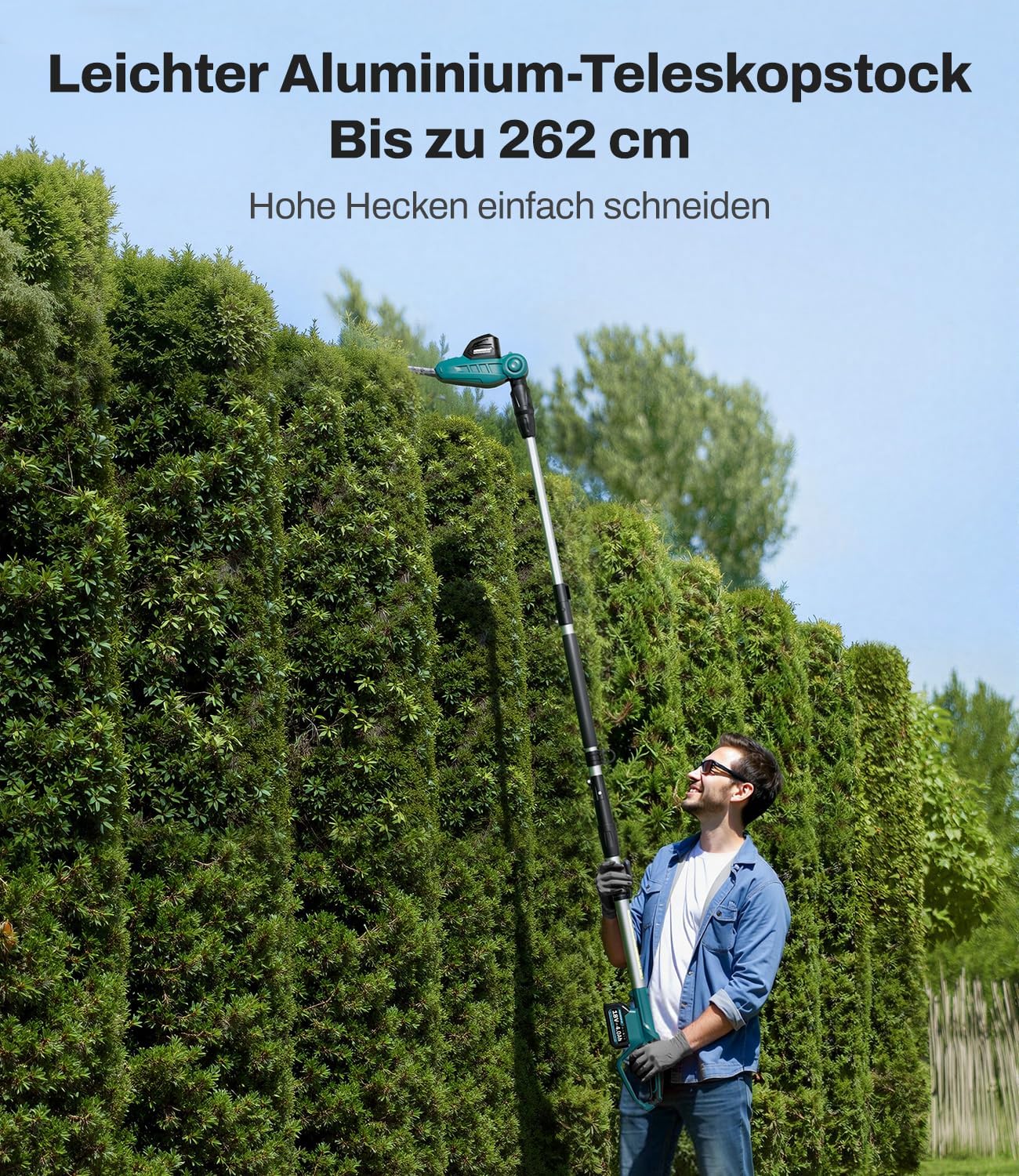 Akku Teleskop-Heckenschere kompatibel mit Makita 18V-Akkus, Schnittbreite 41 cm, Zinkenabstand 16 mm, Höhe bis 262 cm, 11-Fach winkelverstellbarer Schneidkopf