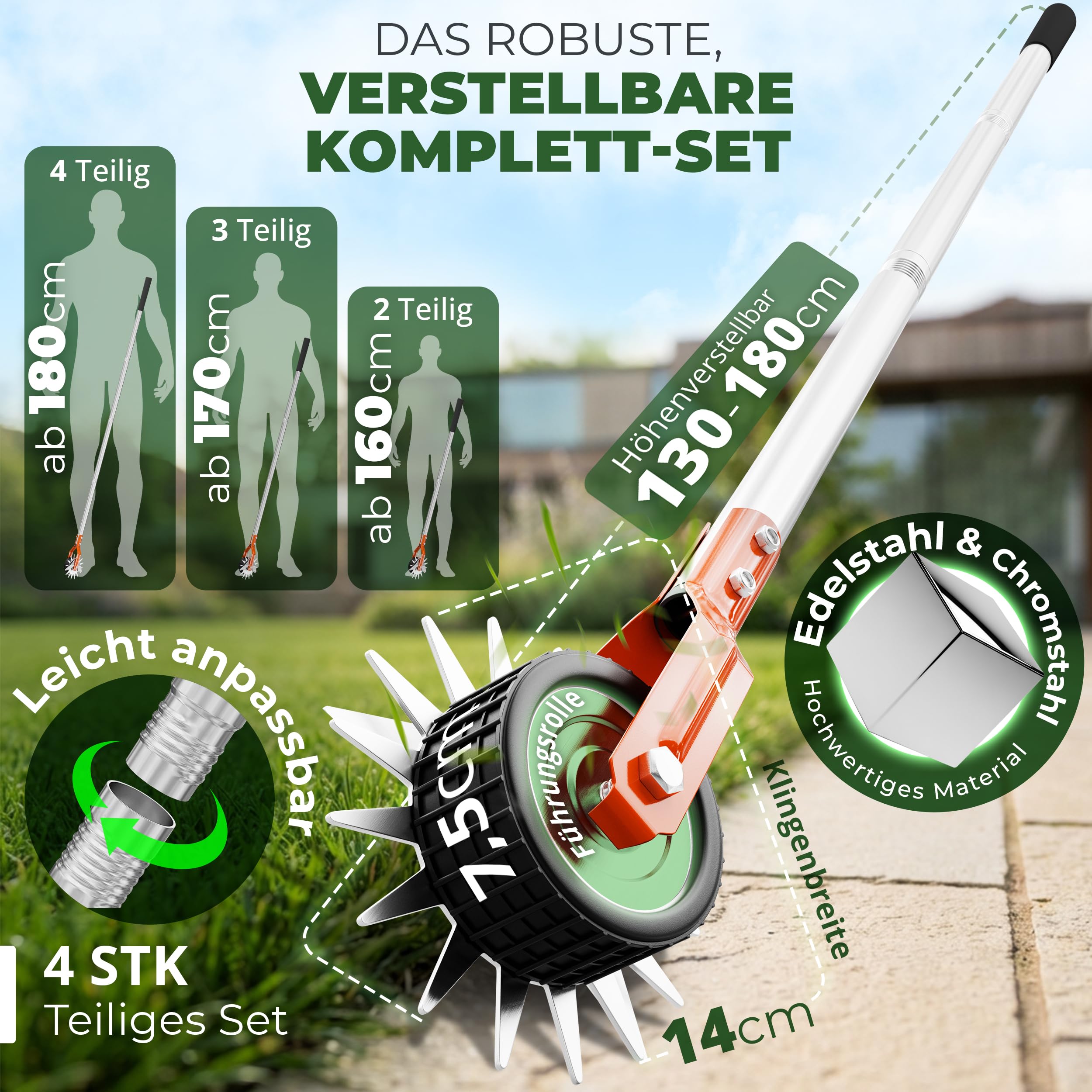 Rasenkantenschneider – 4-teilig Verstellbarer Edelstahlgriff, ideal für Jede Körpergröße, verbesserter gepolsterter Griff, gut ausbalancierte Rollen, inkl. Schleifmesser