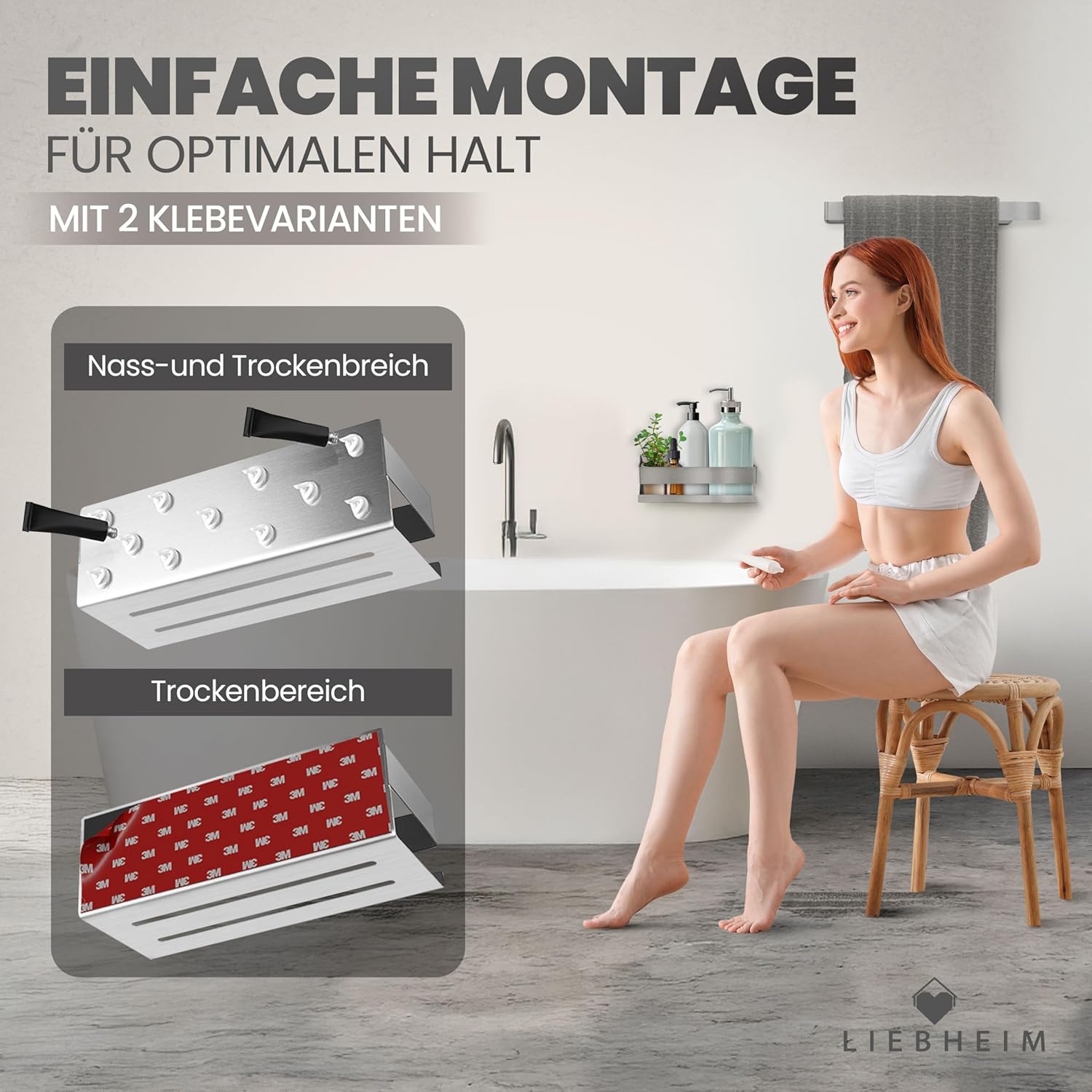 Duschablage Ohne Bohren - Badregal - Duschkorb - Bad Organizer | Massiv - silber gebürstet - 22 cm x 9 cm - 2 Klebevarianten für Nass- und Trockenbereich