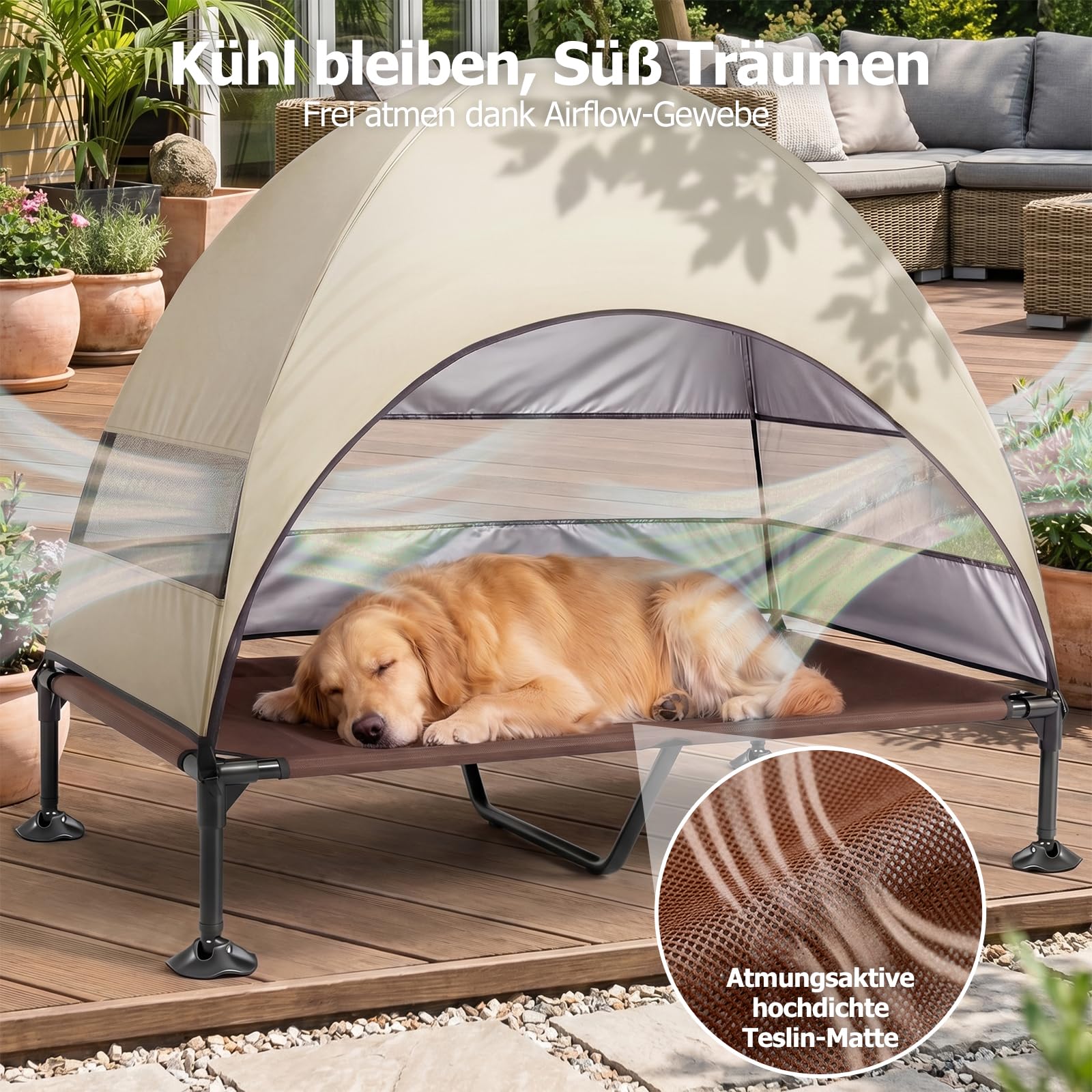 Erhöhtes Hundebett Outdoor mit UV-beständiges Dach，Hundeliege Klappbar mit Anti-Rutsch-Füßen, Hundezelt Outdoor mit Großem Schatten, Kühlendes ErhöHtes Hunde Bett für Camping, Garten & Pool (Grau, L)