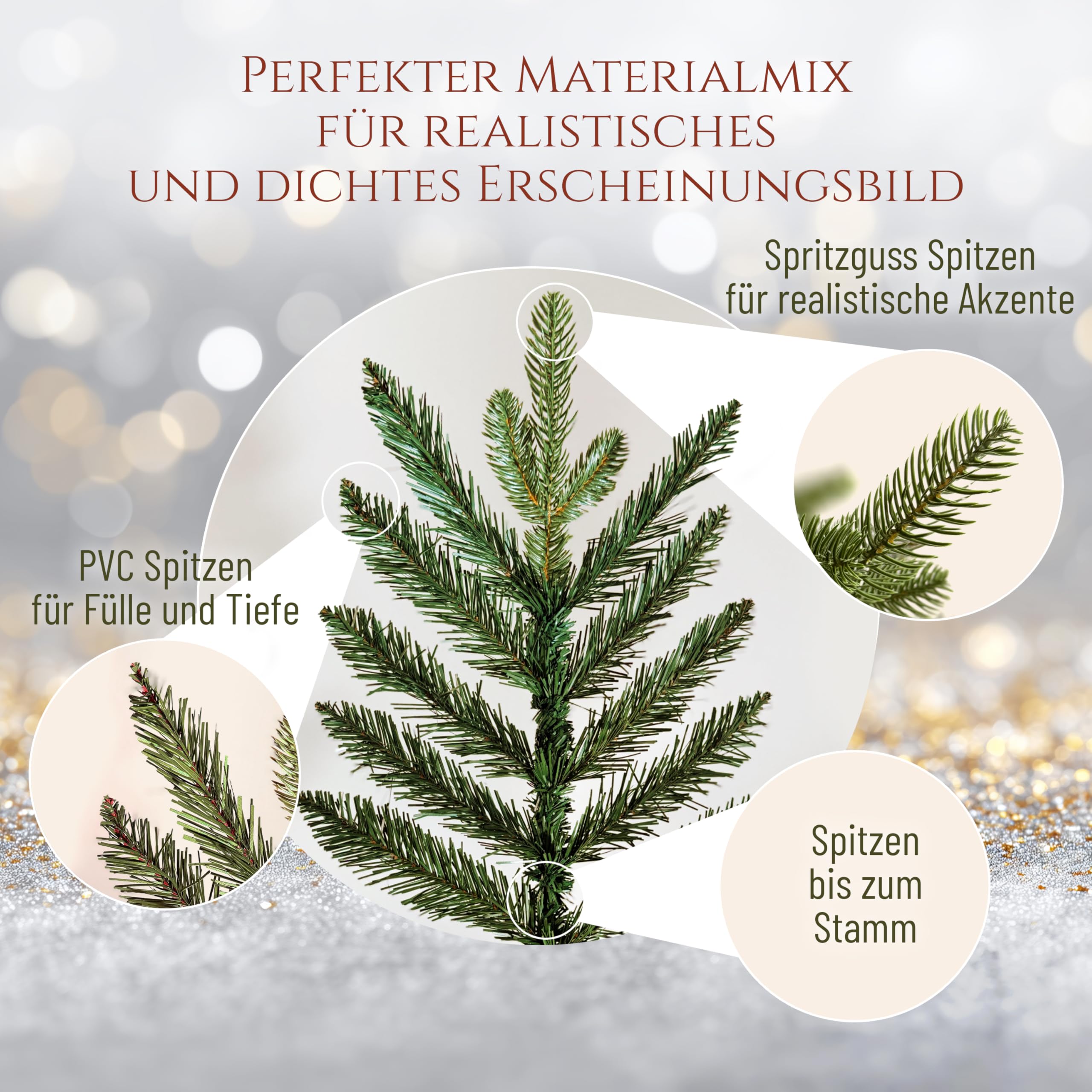 Künstlicher Weihnachtsbaum - Lebensähnlich, besonders dichte Äste, einfache Montage, Made in EU - Premium-Weihnachtsbaum mit Holzständer, Aufbewahrungstasche - Eleganter Nordmann Tannenbaum / Varianten Auswahl - Restposten Neu & OVP!