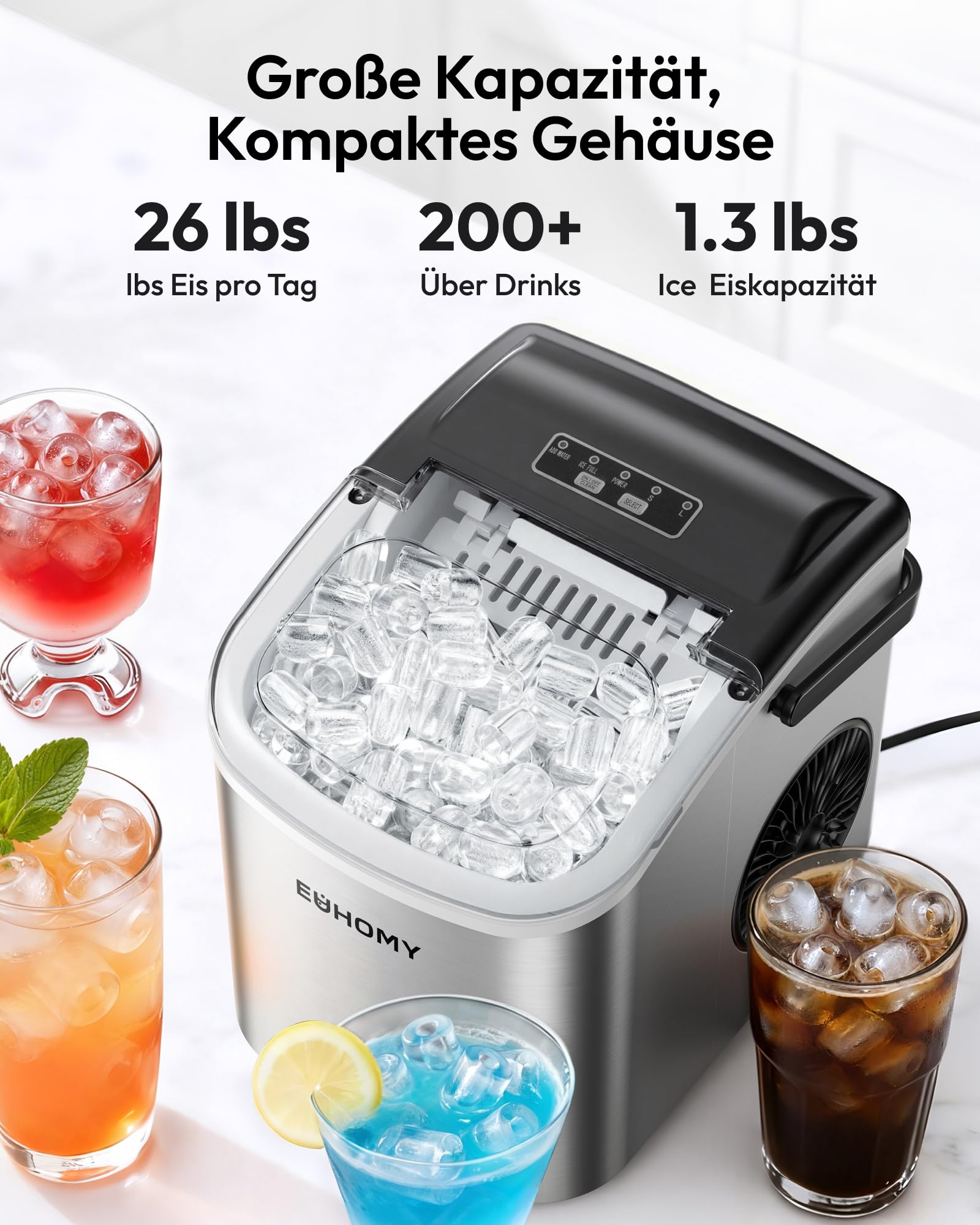 Eiswürfelmaschine Klein, 9 Eiswürfel in 6 Minuten, 12 kg/24H, Eiswürfelmaschine Edelstahl mit Tragbarem Griff, Selbstreinigender Kompakter Eiswürfelmaschinen für Zuhause/Küche/Büro/Bar
