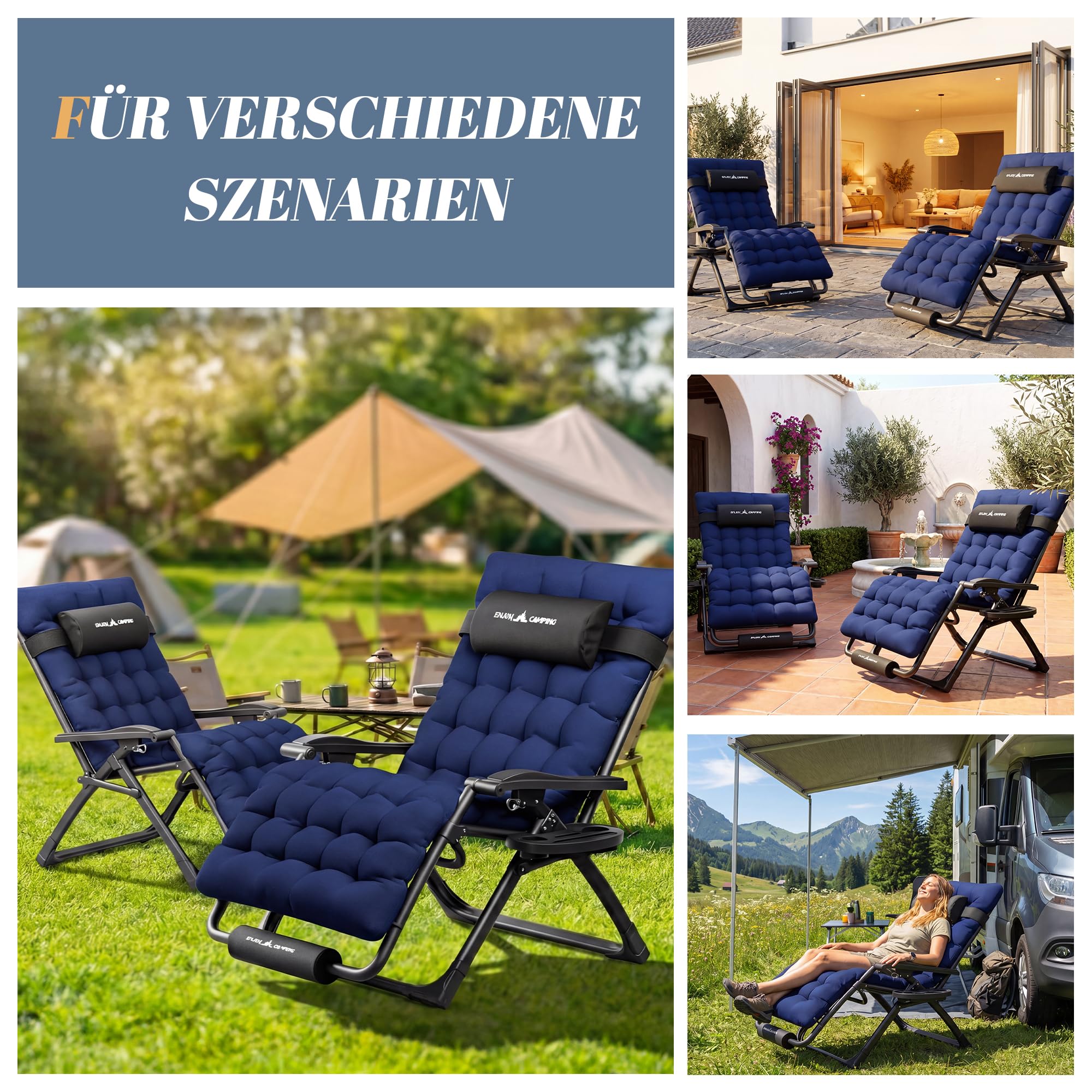 Sonnenliege Liegestuhl Klappbar Mit Getränkehalter Gartenstuhl Mit Auflage Polster, Liegestuhl, Extra groß Gartenliege, Verstellbar Rückenlehne Garten Liege