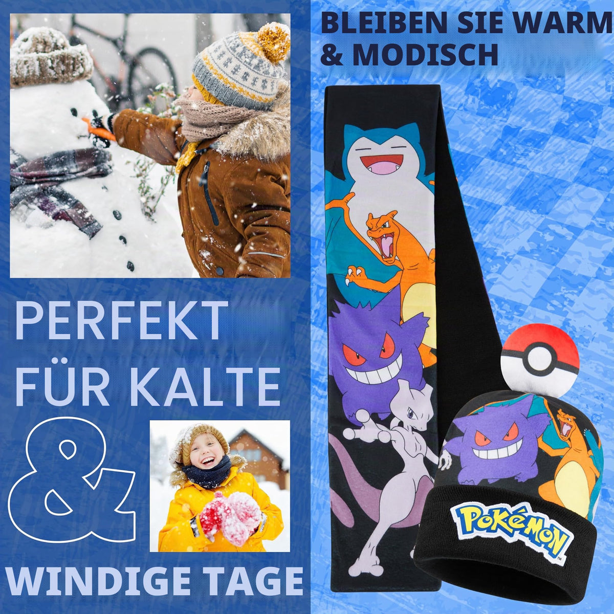 Pokemon Mütze, Schal & Handschuhe Jungen 4-12 Jahre, 3 Stück Warme Kinder Winter Set für kalte Tage, Anime Geschenke für Jungen