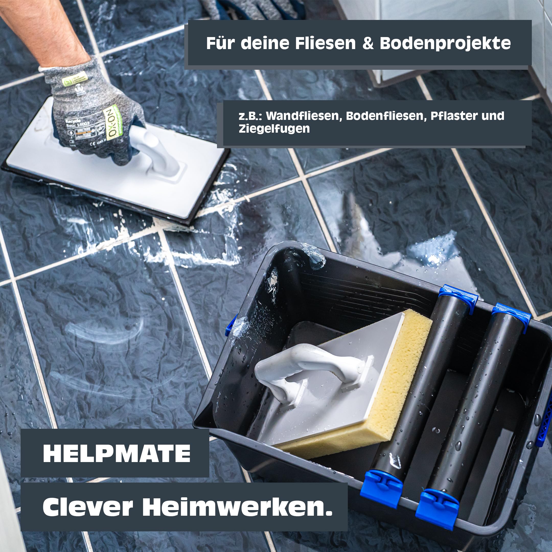 Tile washing set, 5-piece: 12-liter plastic bucket, double roller attachment, tile washing board and grouting board. Made in Germany. 