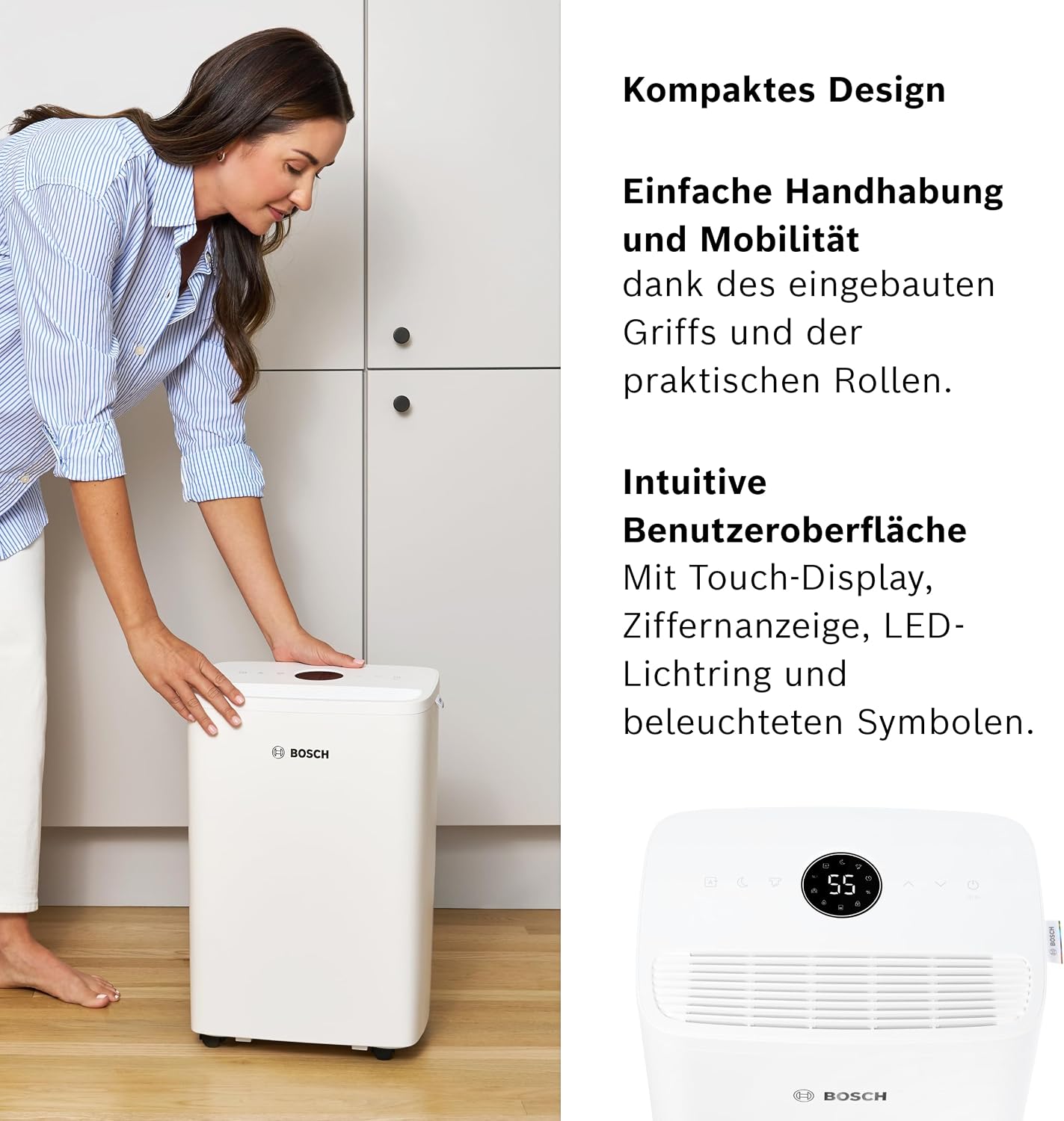 Bosch Dry, Luftentfeuchter, Für Räume bis zu 33 m² | Einfach, Effizient, Leise, Ideal für Deine Wohnung & die schnelle Trocknung Deiner Wäsche