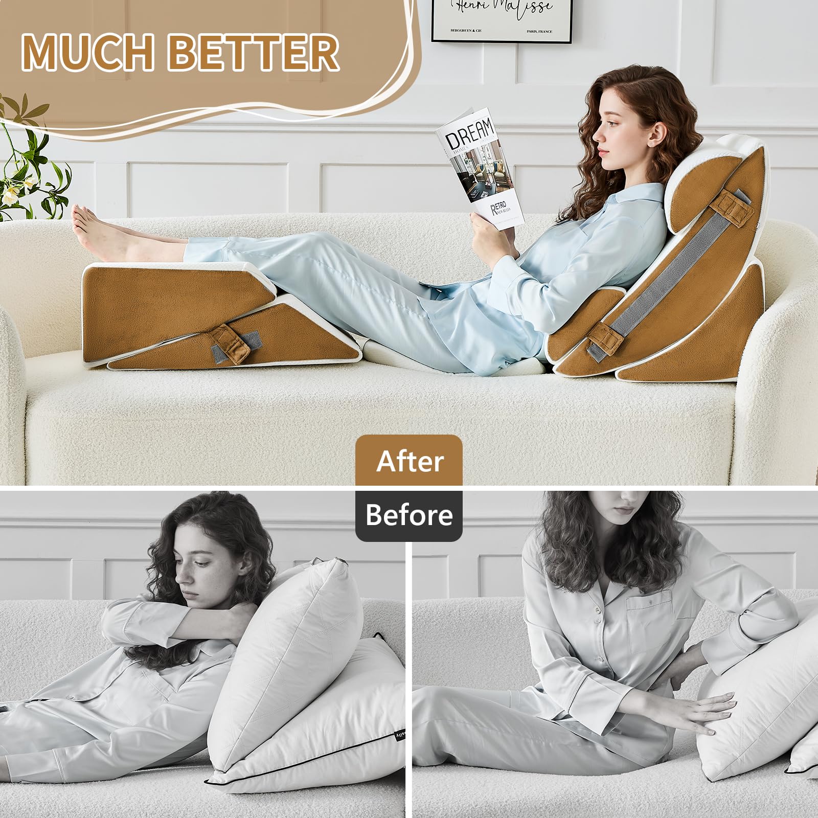 Orthopädische Bett Keil Kissen Set,Post Chirurgie Schaum Kissen für Körper, Rücken und Beine Schmerzlinderung,Justierbare Stützkissen mit Säure Reflux Bed Wedge Memory Foam Hellgrau