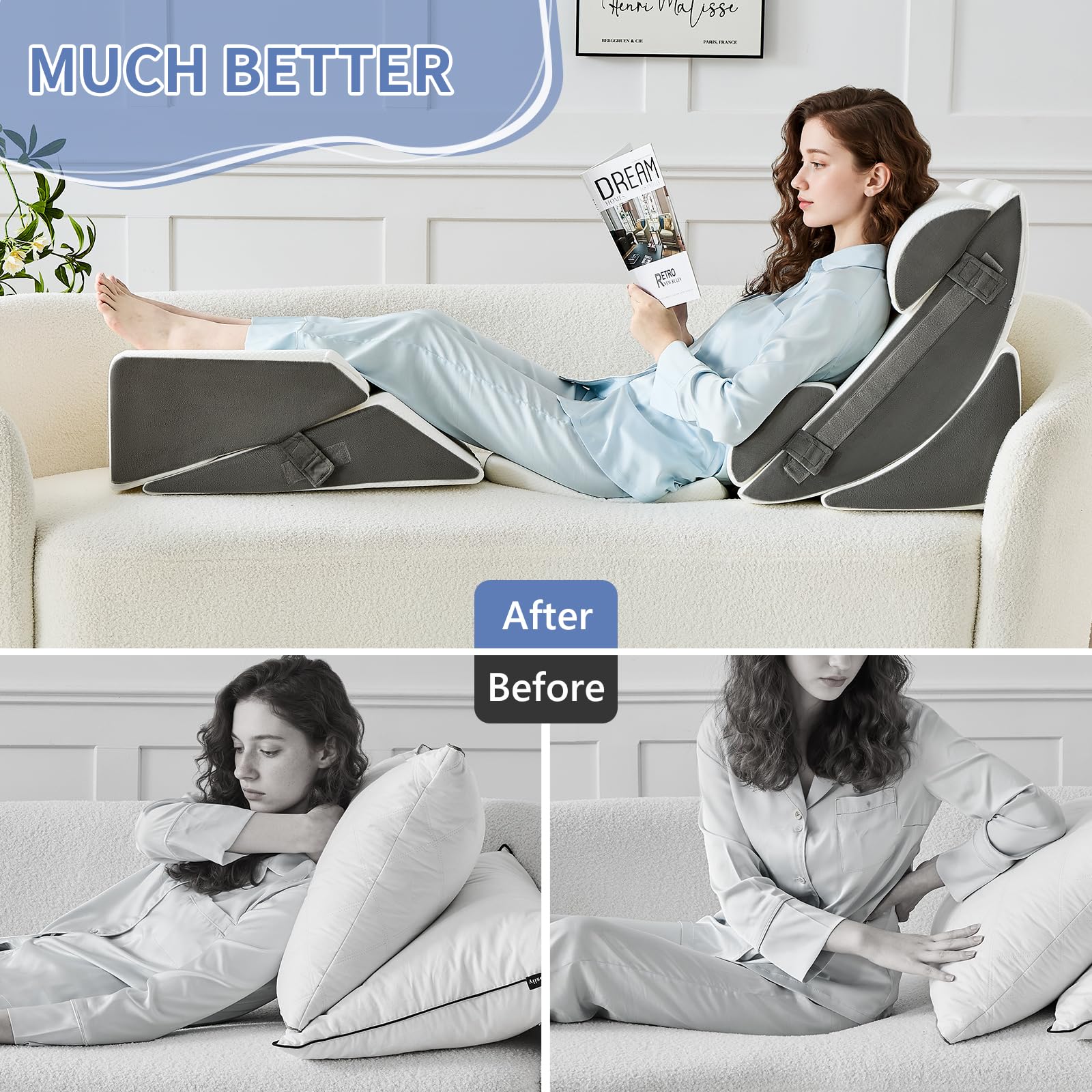 Orthopädische Bett Keil Kissen Set,Post Chirurgie Schaum Kissen für Körper, Rücken und Beine Schmerzlinderung,Justierbare Stützkissen mit Säure Reflux Bed Wedge Memory Foam Hellgrau
