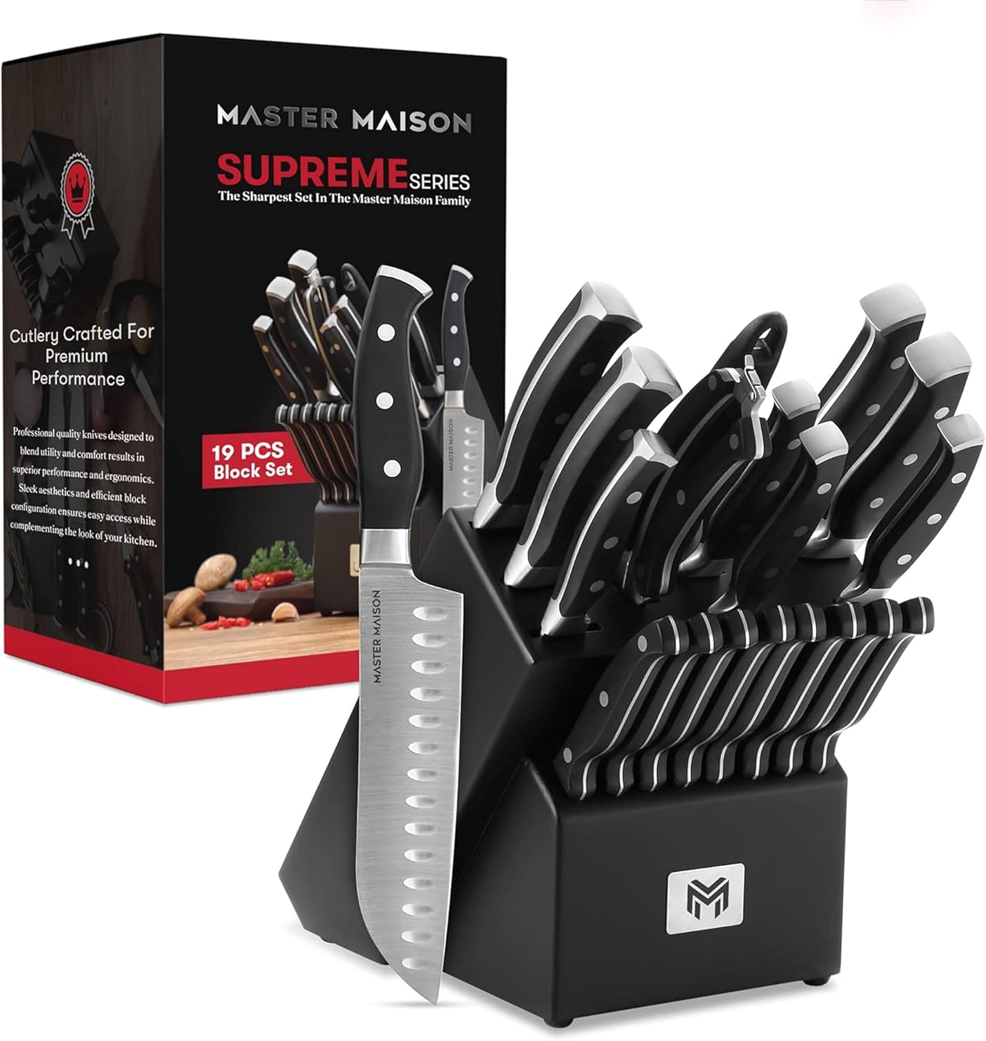 19-teiliges Premium-Küchenmesserset mit Holzblock, Master Maison Besteck aus deutschem Edelstahl mit Messerschärfer und 8 Steakmessern