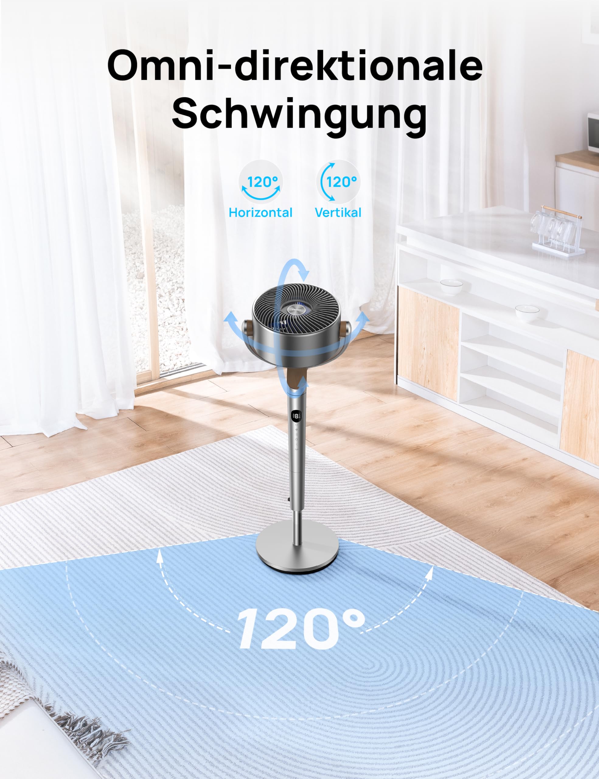 Starker Standventilator Smart mit RGB Light, 120° +120° Oszillierender Ventilator mit Fernbedienung, 20dB Leiser Bodenventilator / Turmventilator für Schlafzimmer, 8H Timer, Silber